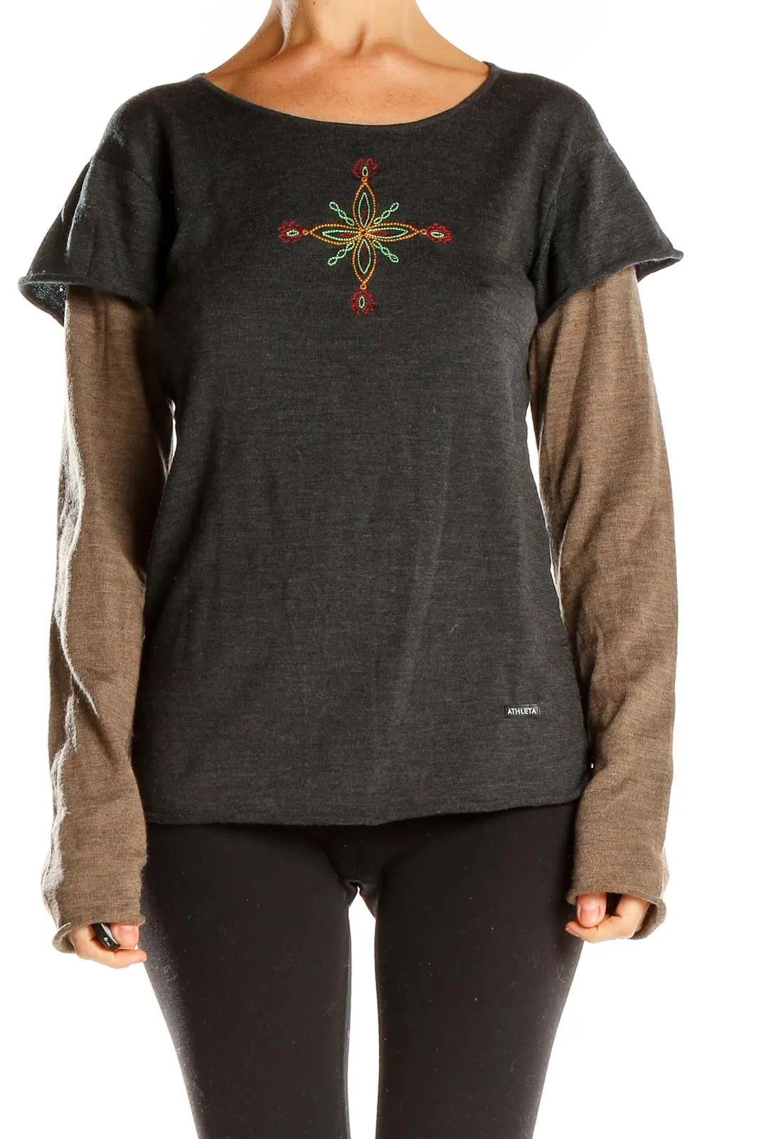 Charcoal Embroidered Layered Long Sleeve Top