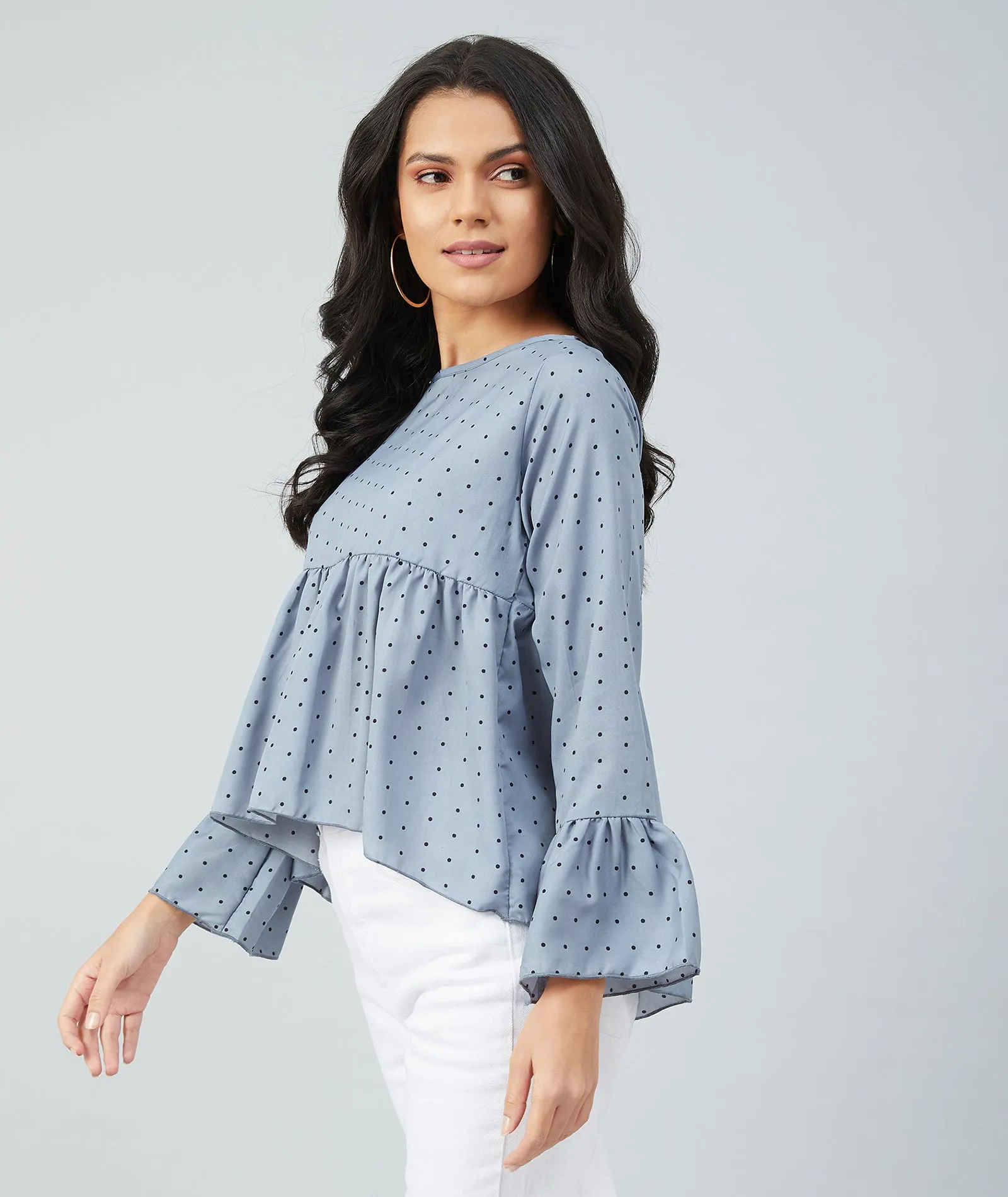 Chimpaaanzee women Grey Crepe Polka Doted Full Sleeve  Top