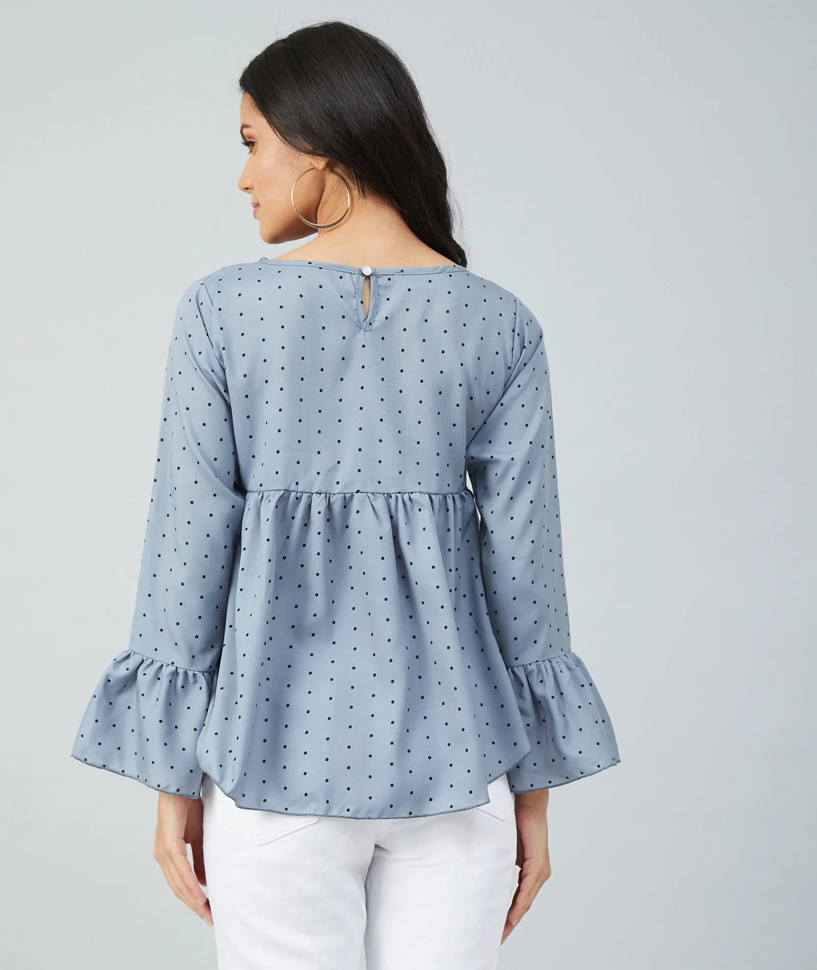 Chimpaaanzee women Grey Crepe Polka Doted Full Sleeve  Top