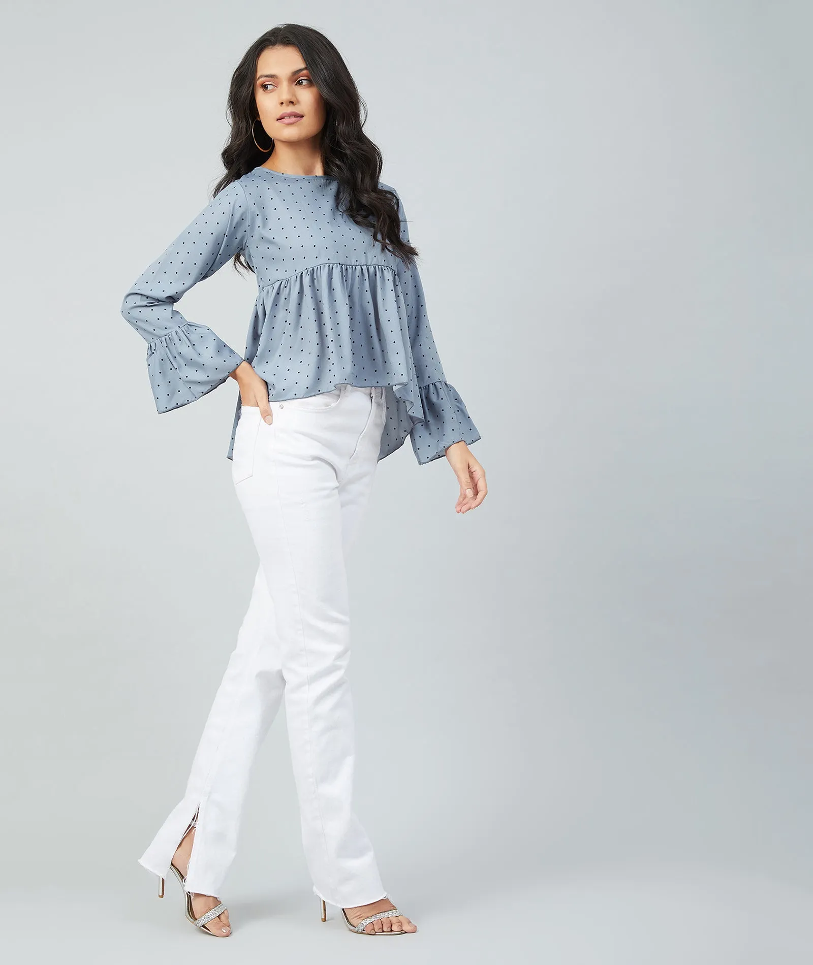 Chimpaaanzee women Grey Crepe Polka Doted Full Sleeve  Top