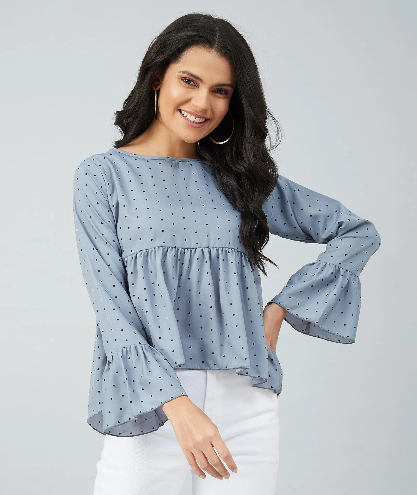 Chimpaaanzee women Grey Crepe Polka Doted Full Sleeve  Top