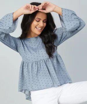 Chimpaaanzee women Grey Crepe Polka Doted Full Sleeve  Top