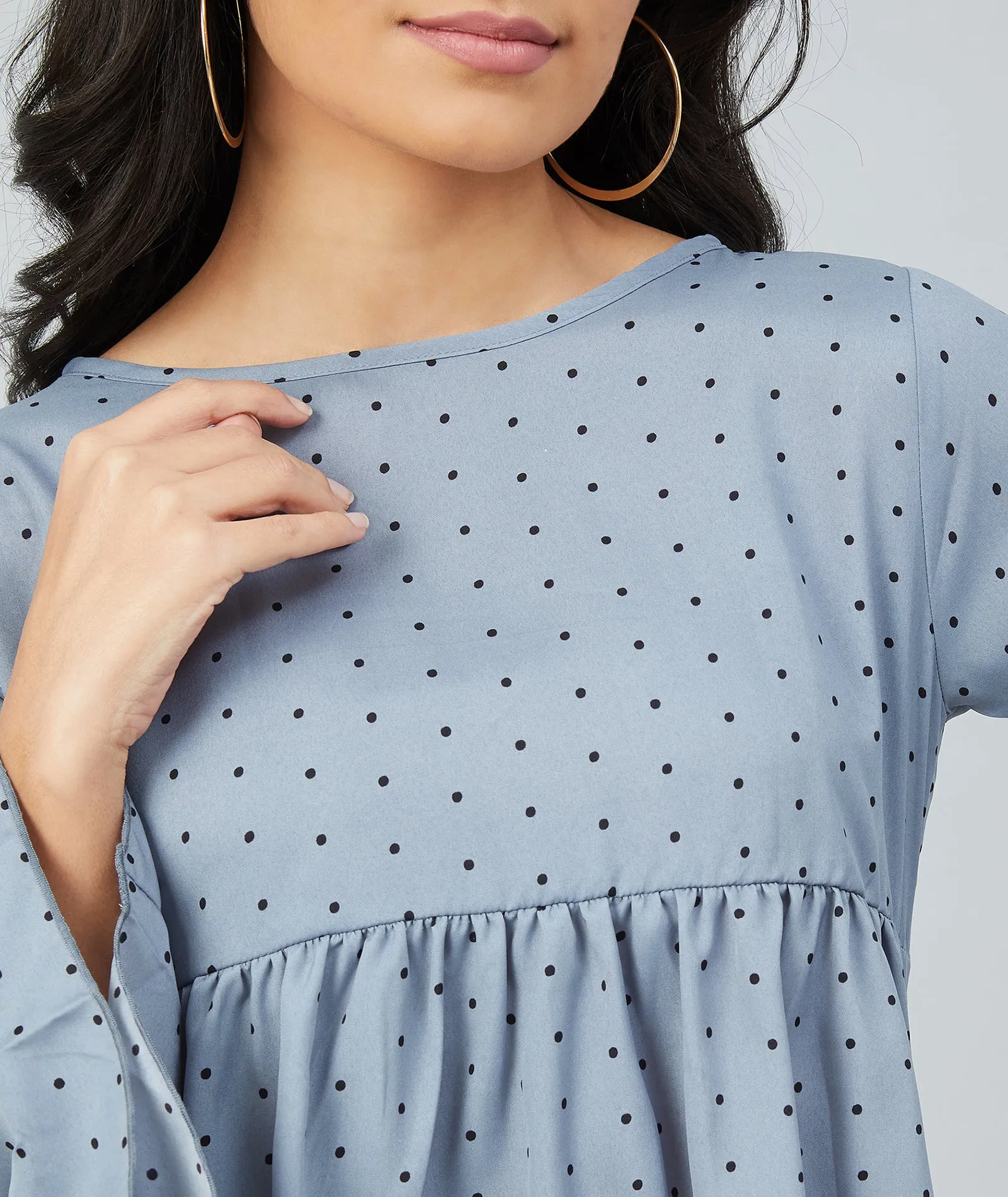 Chimpaaanzee women Grey Crepe Polka Doted Full Sleeve  Top