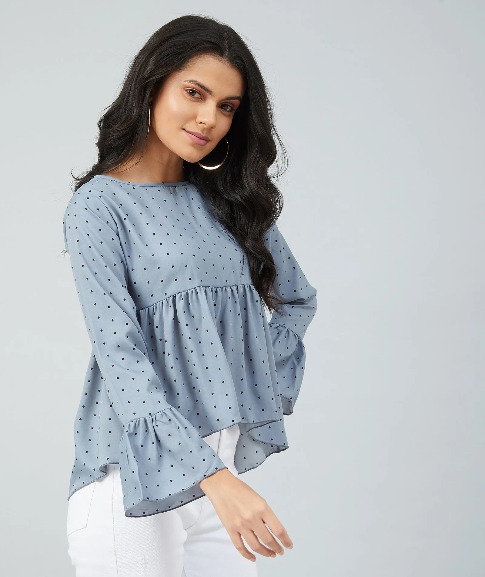 Chimpaaanzee women Grey Crepe Polka Doted Full Sleeve  Top