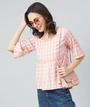Chimpaaanzee Women Pink and White Checks Frill Style Top