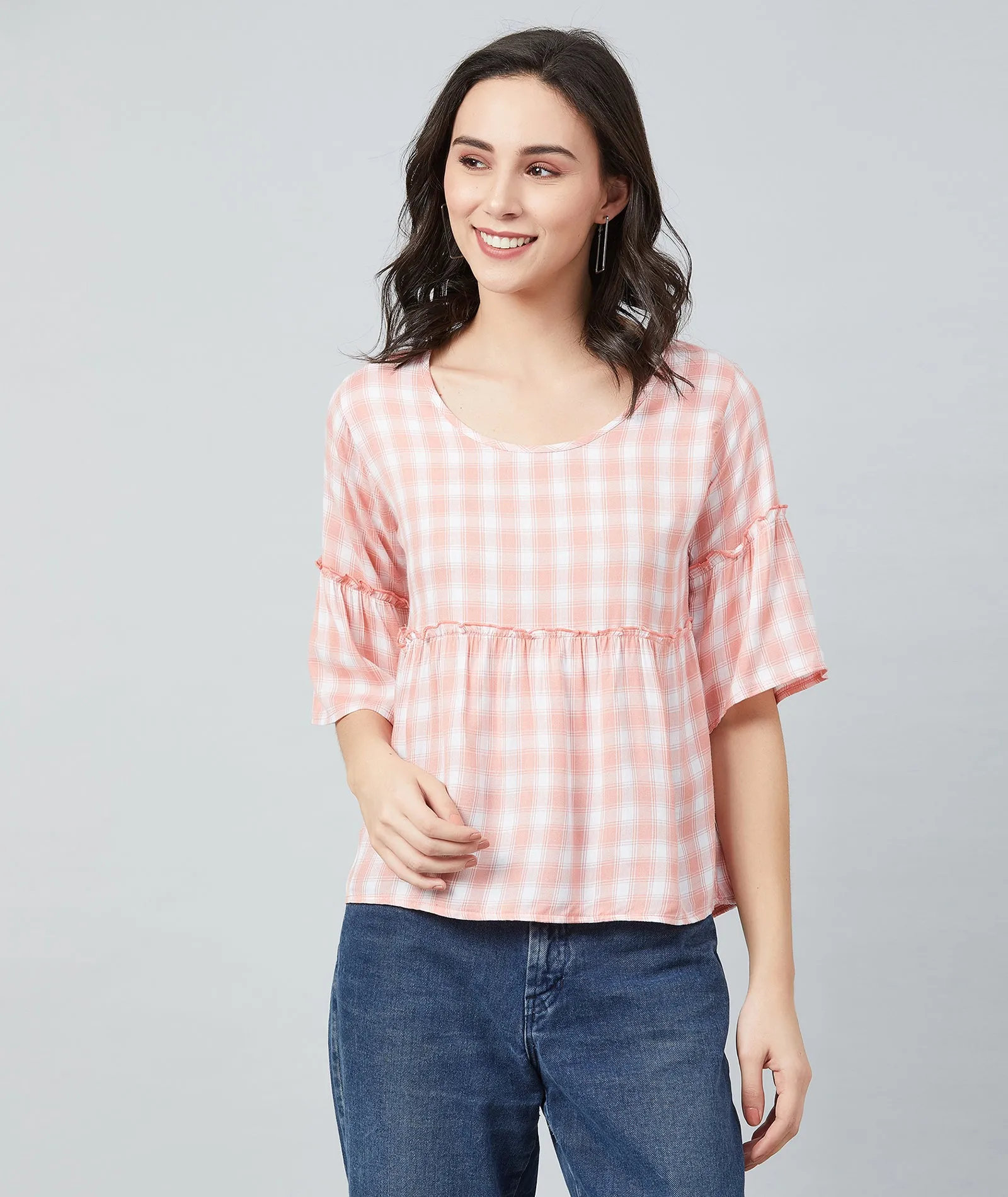 Chimpaaanzee Women Pink and White Checks Frill Style Top