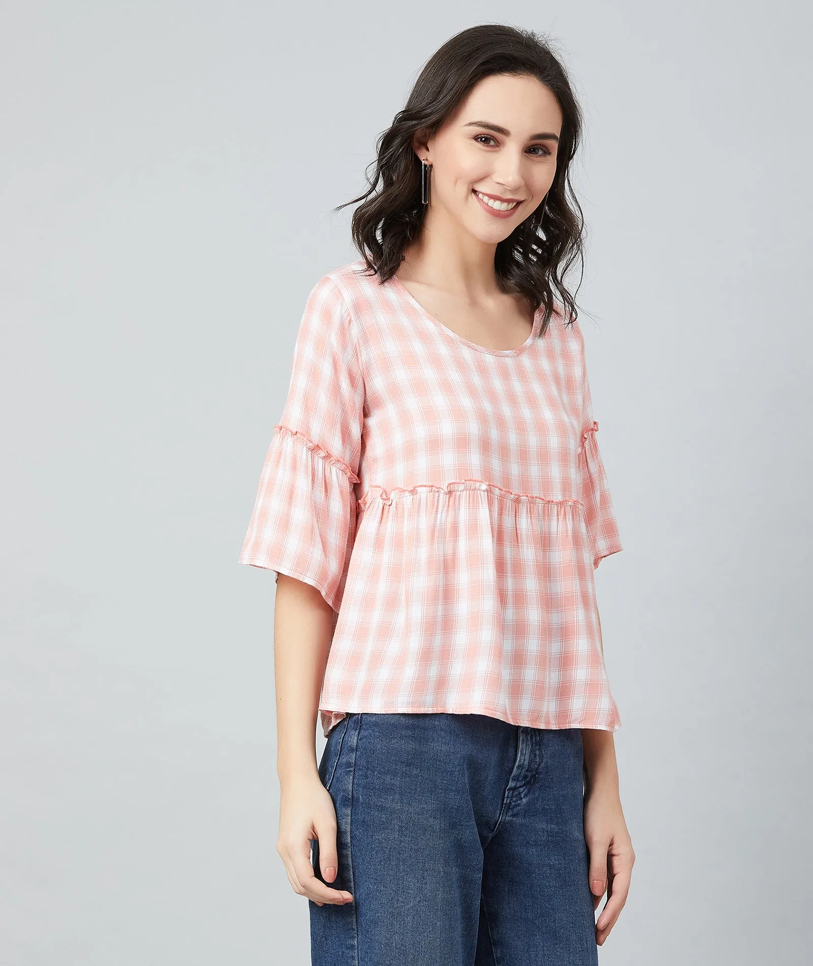 Chimpaaanzee Women Pink and White Checks Frill Style Top