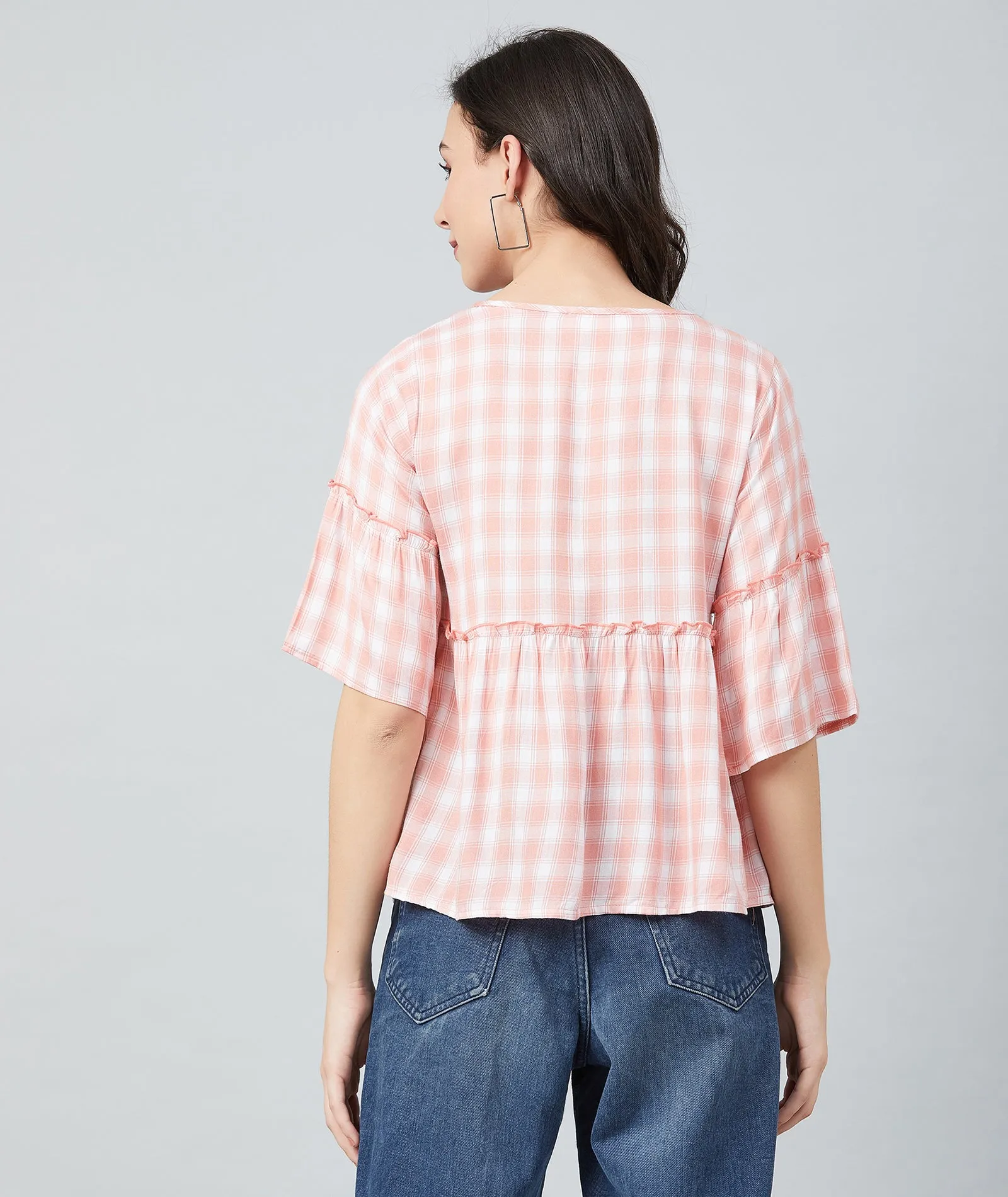 Chimpaaanzee Women Pink and White Checks Frill Style Top