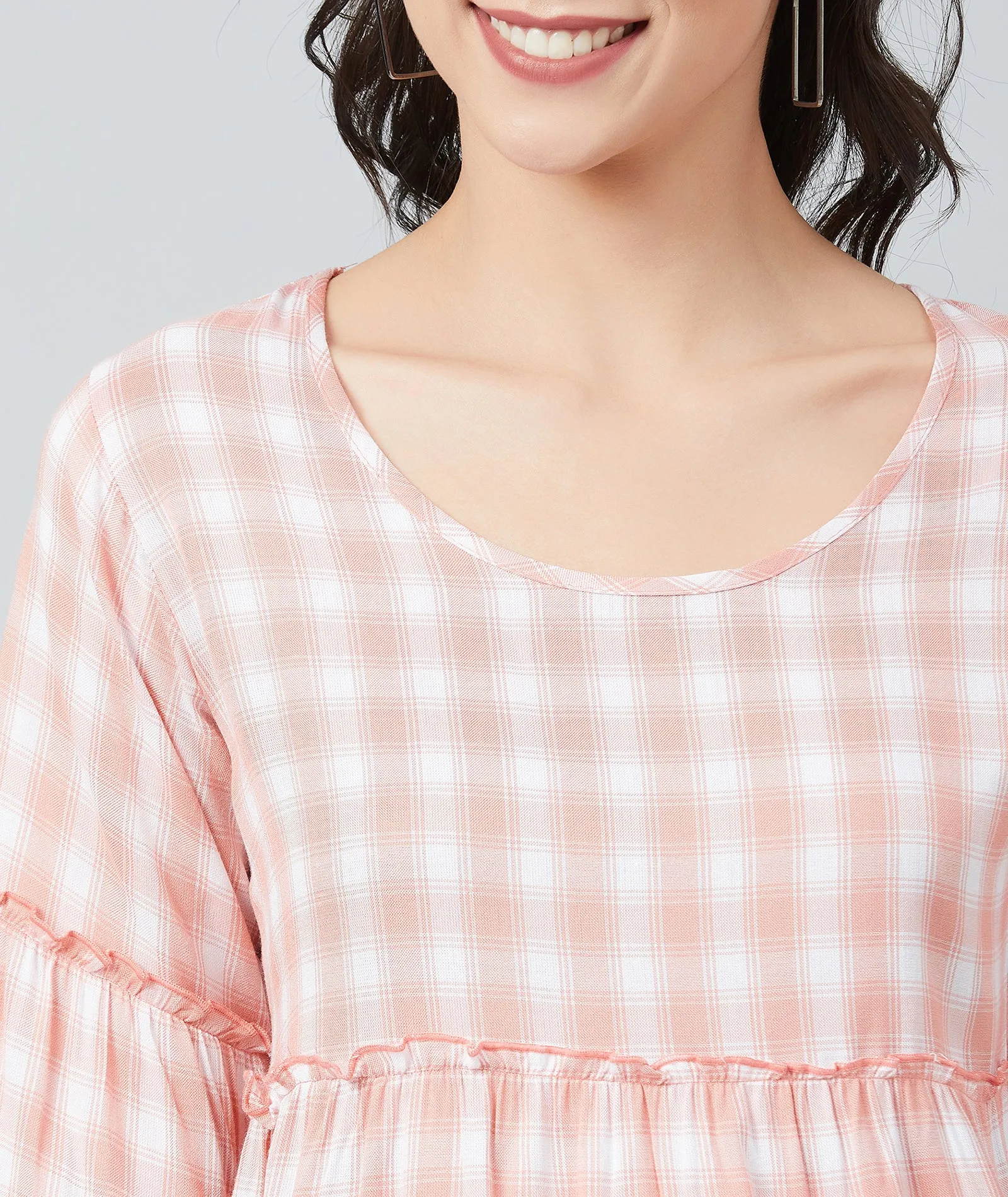Chimpaaanzee Women Pink and White Checks Frill Style Top