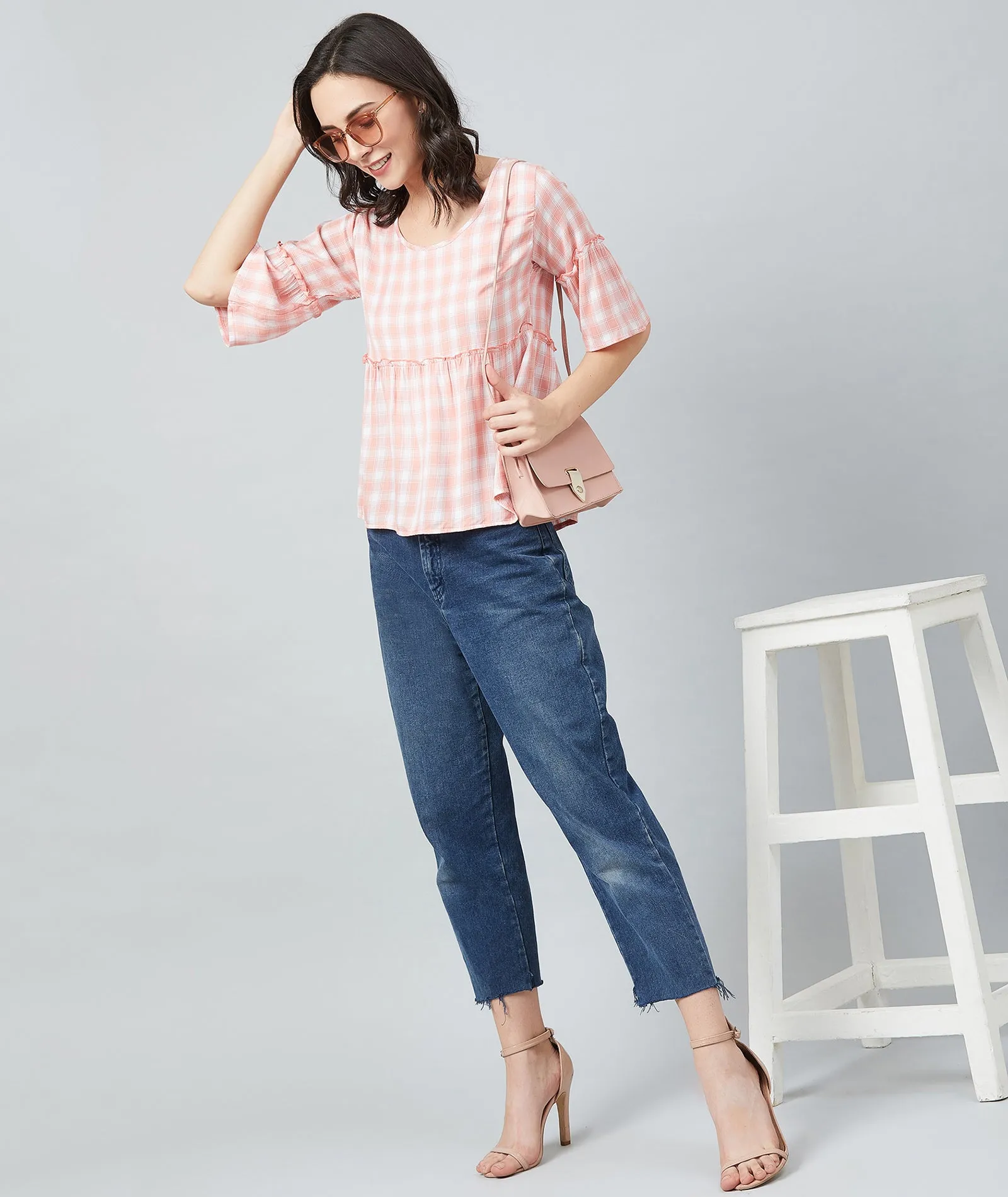 Chimpaaanzee Women Pink and White Checks Frill Style Top