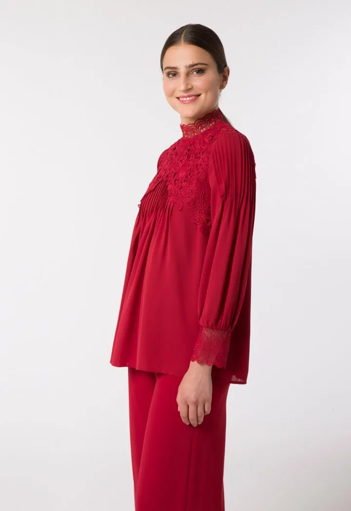 Choice Floral Lace Embroidered Blouse Red