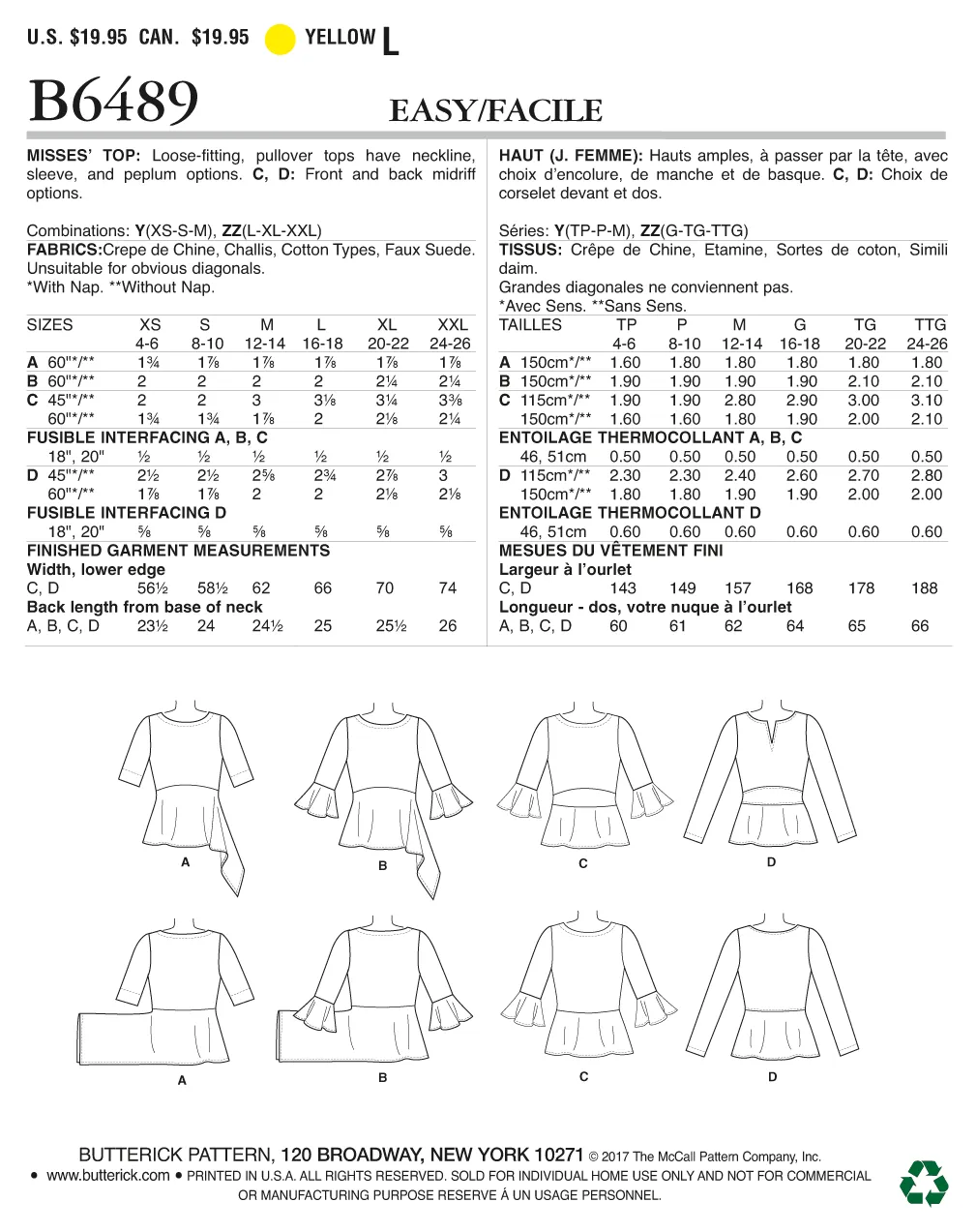 CLEARANCE • BUTTERICK PATTERN MISSES' TOPS 6489