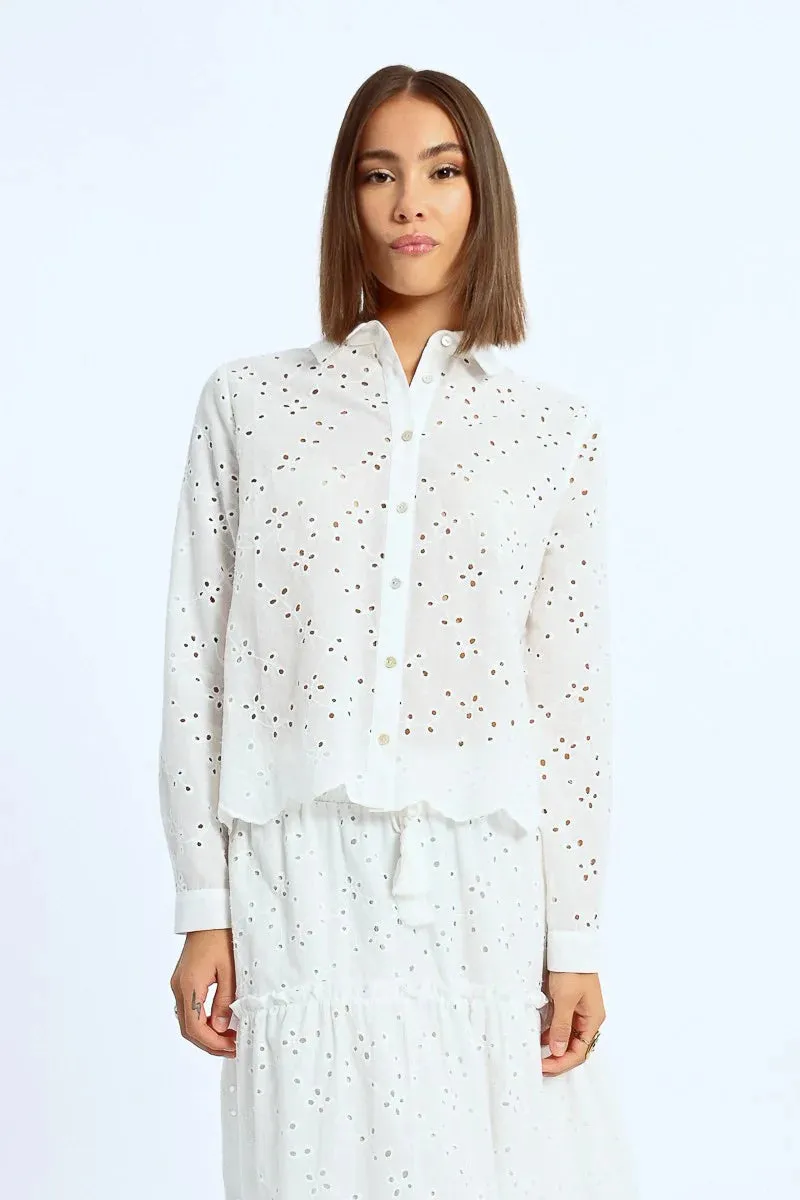Collared Eyelet Top in White