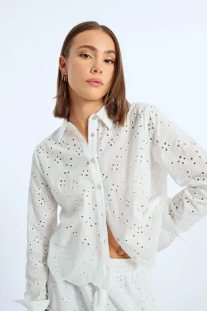 Collared Eyelet Top in White