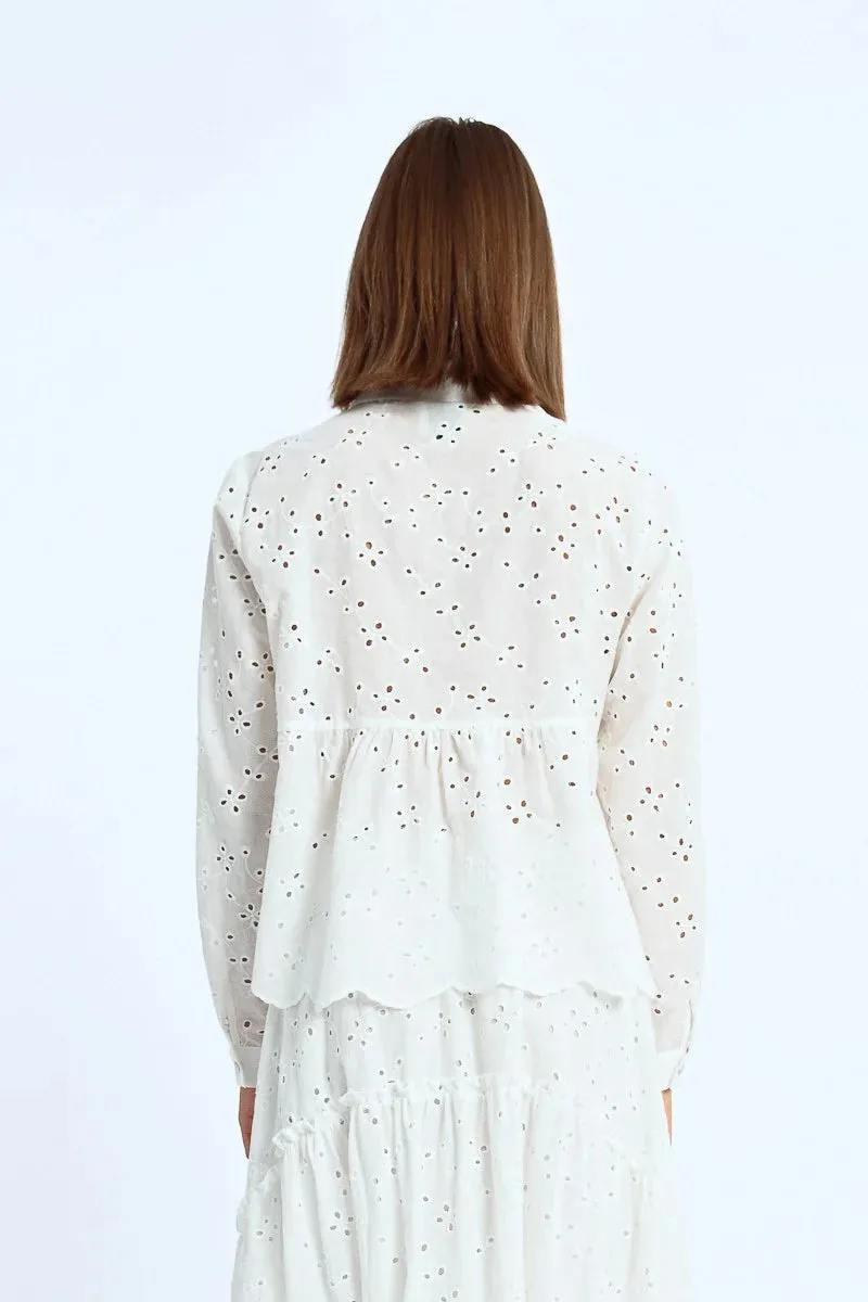 Collared Eyelet Top in White