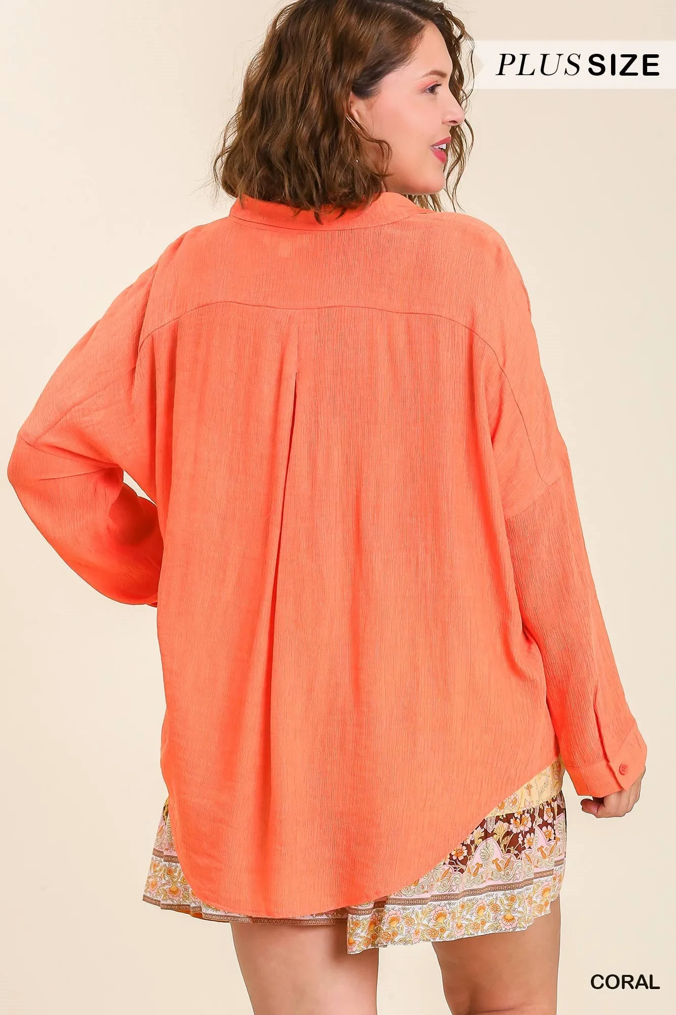 Coral Long Sleeve Gauze Button Up Top