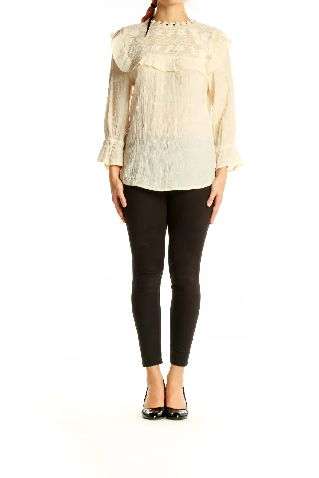 Cream Embroidered Ruffle Blouse