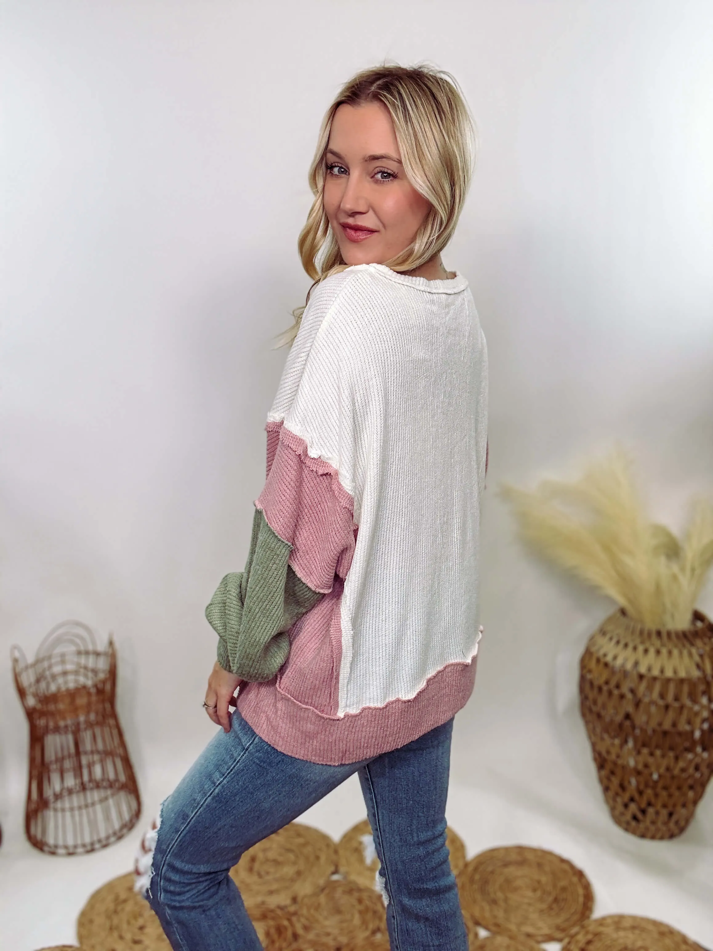 Cream, Mauve & Olive Henley Button Down Oversized Lightweight Sweater