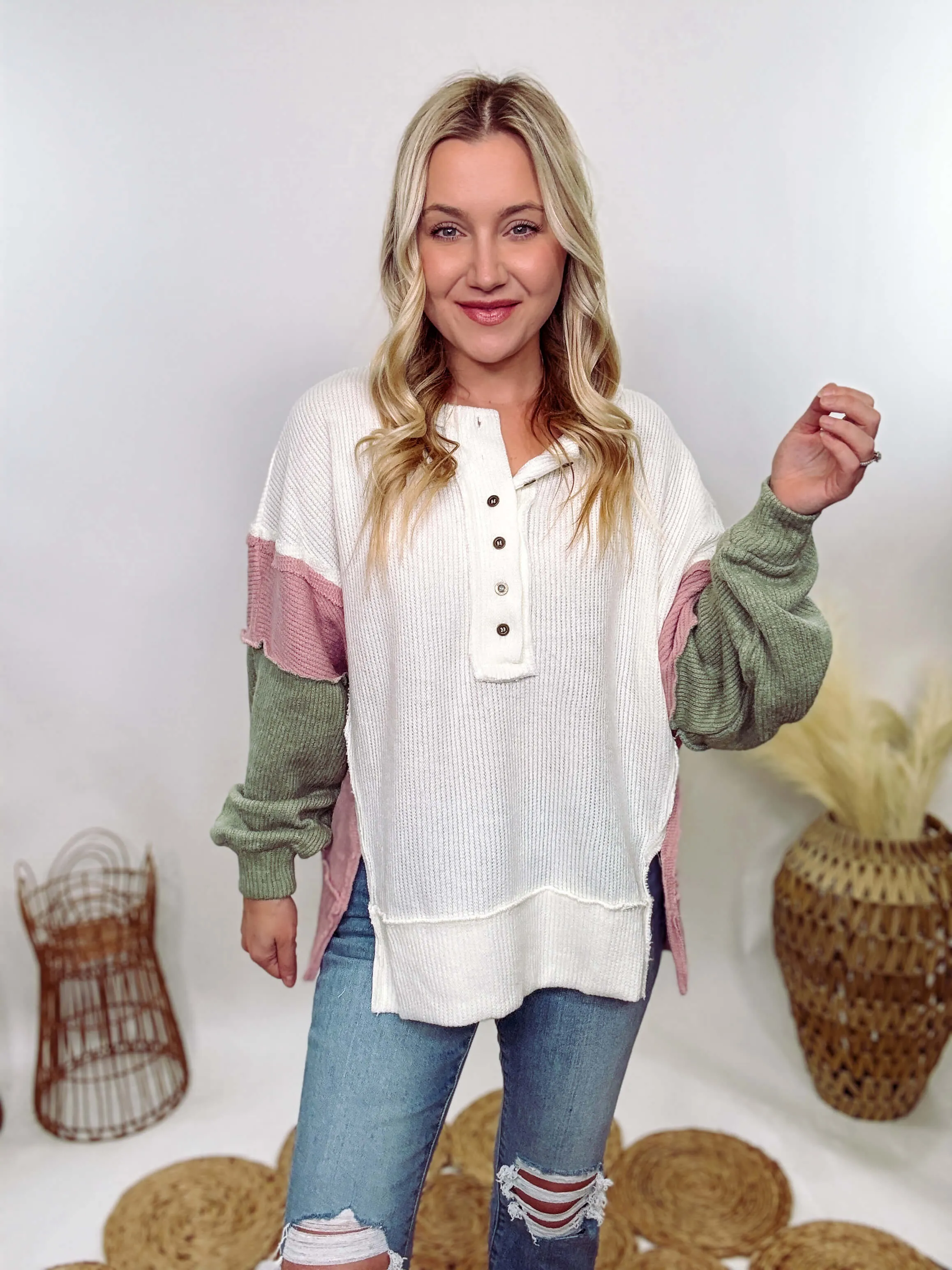 Cream, Mauve & Olive Henley Button Down Oversized Lightweight Sweater