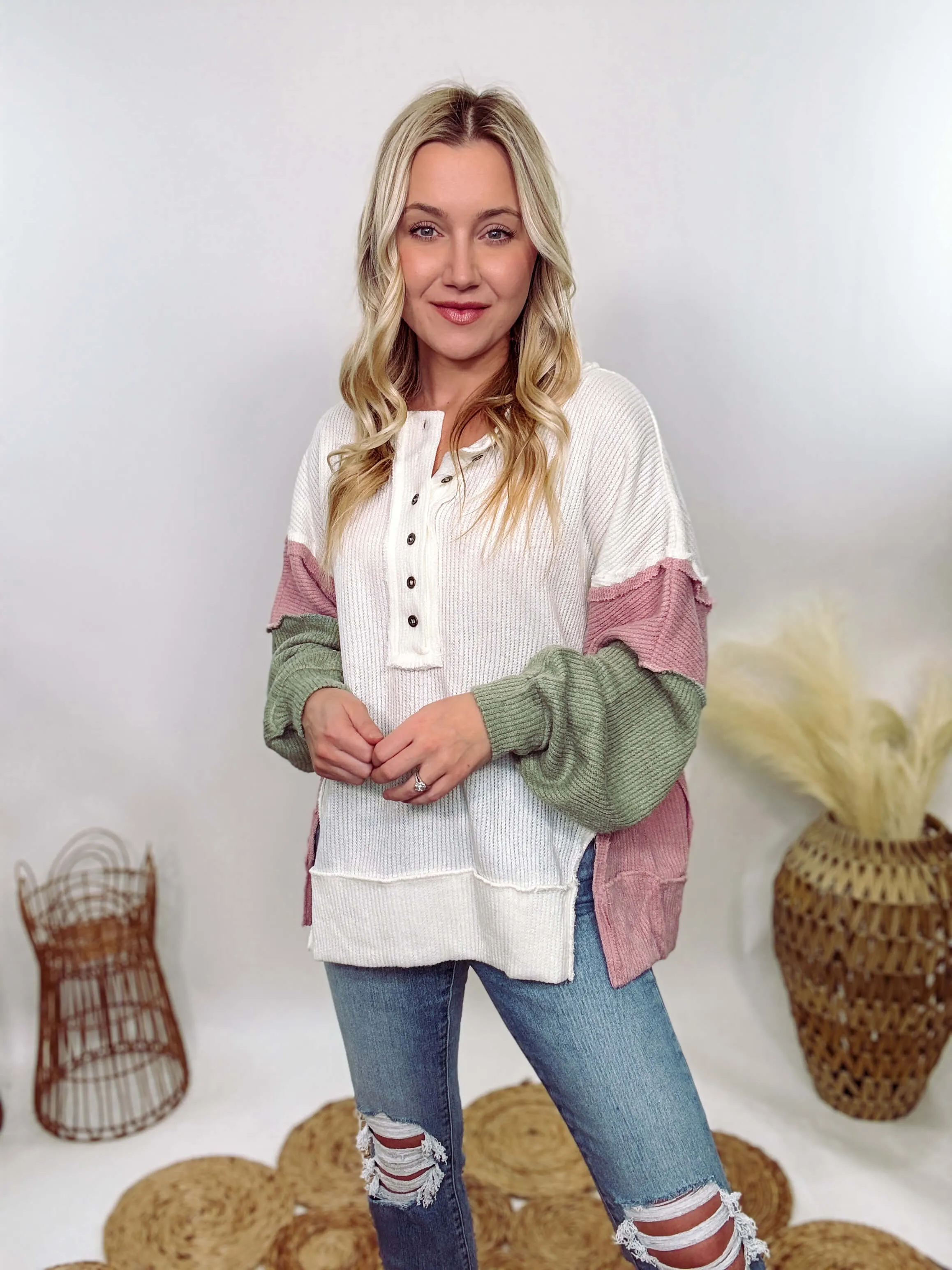 Cream, Mauve & Olive Henley Button Down Oversized Lightweight Sweater