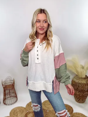 Cream, Mauve & Olive Henley Button Down Oversized Lightweight Sweater