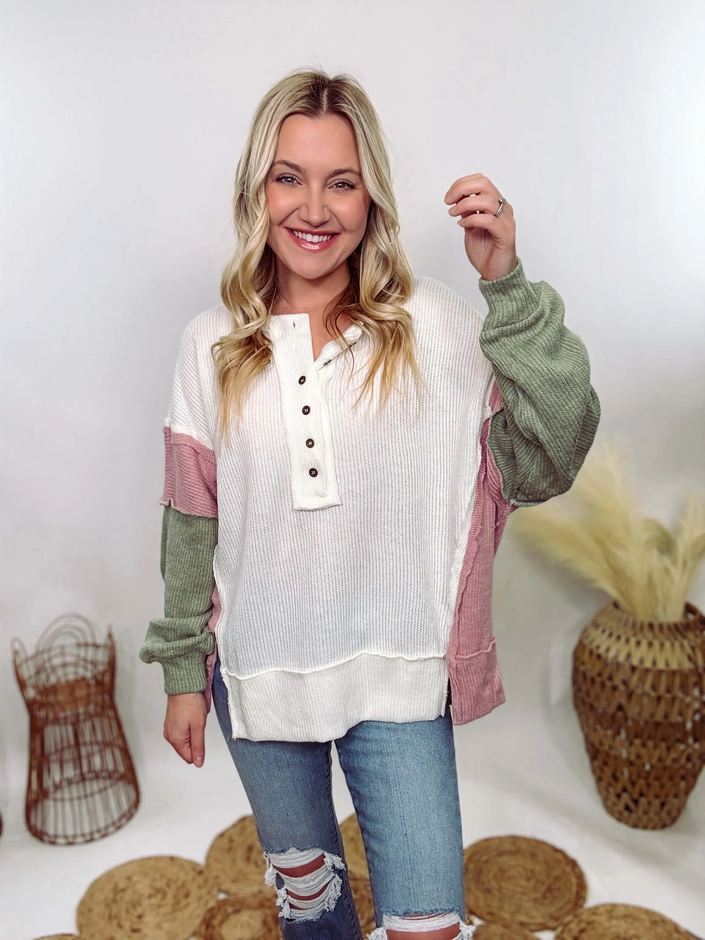 Cream, Mauve & Olive Henley Button Down Oversized Lightweight Sweater