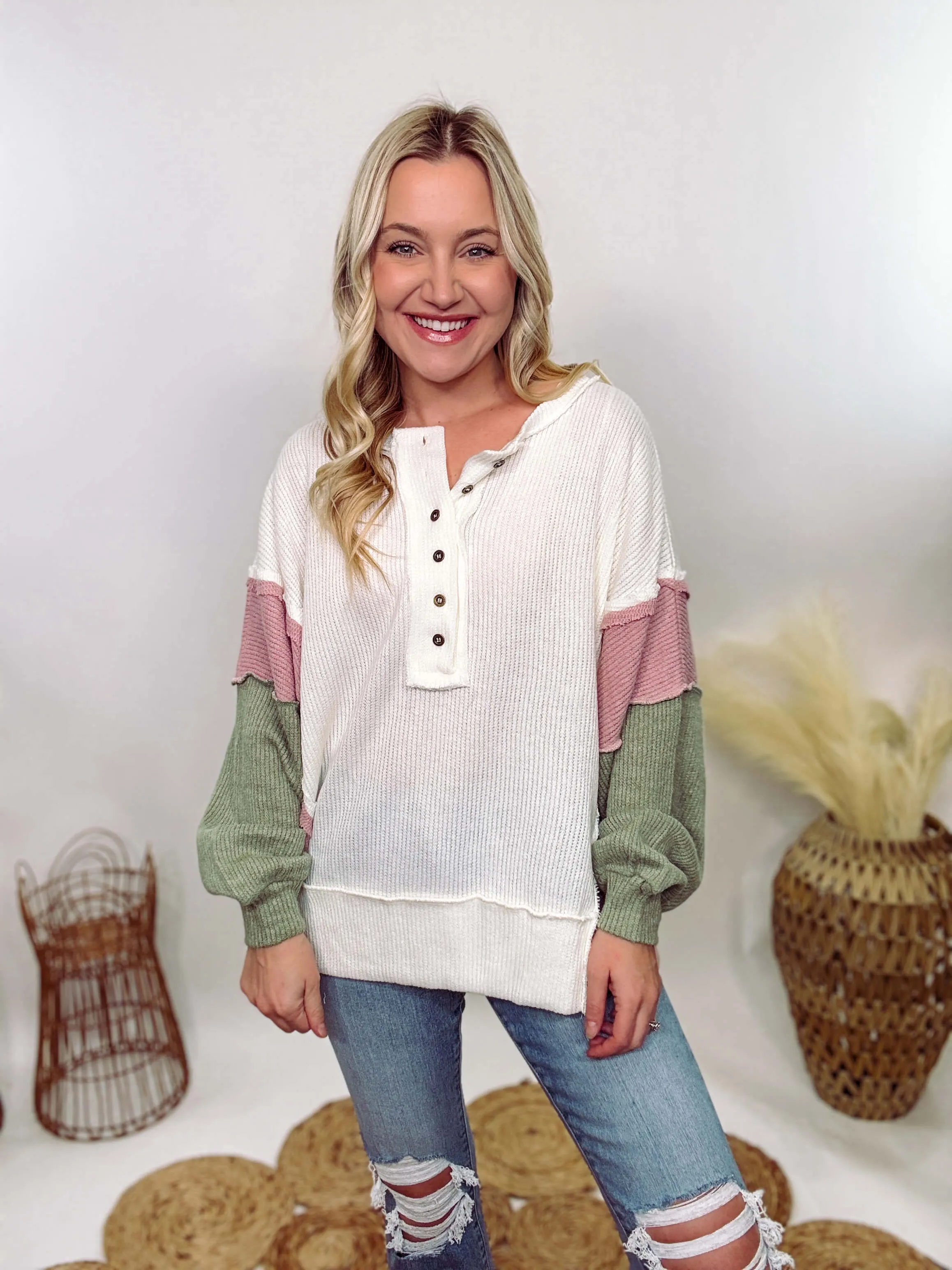 Cream, Mauve & Olive Henley Button Down Oversized Lightweight Sweater