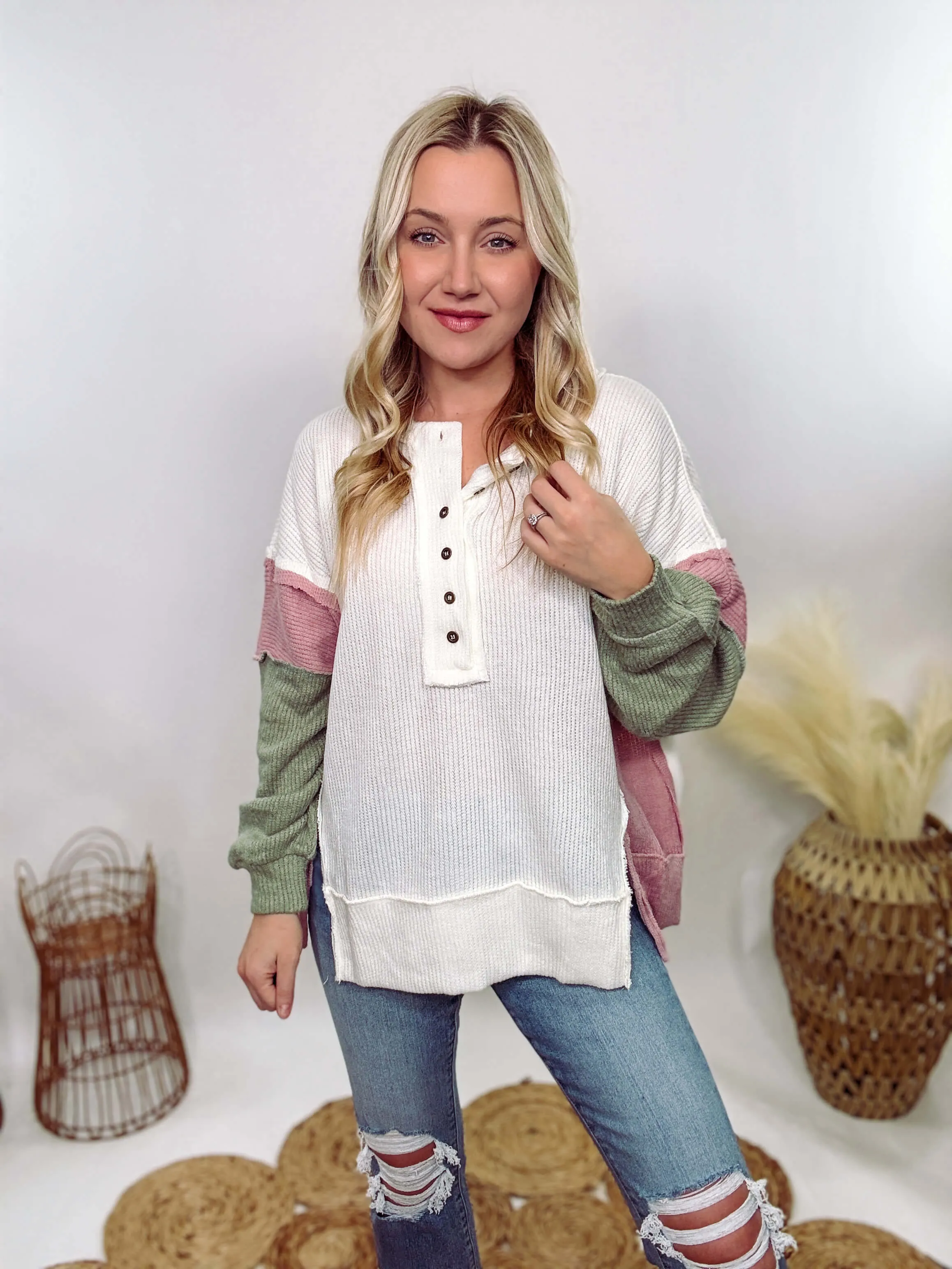 Cream, Mauve & Olive Henley Button Down Oversized Lightweight Sweater