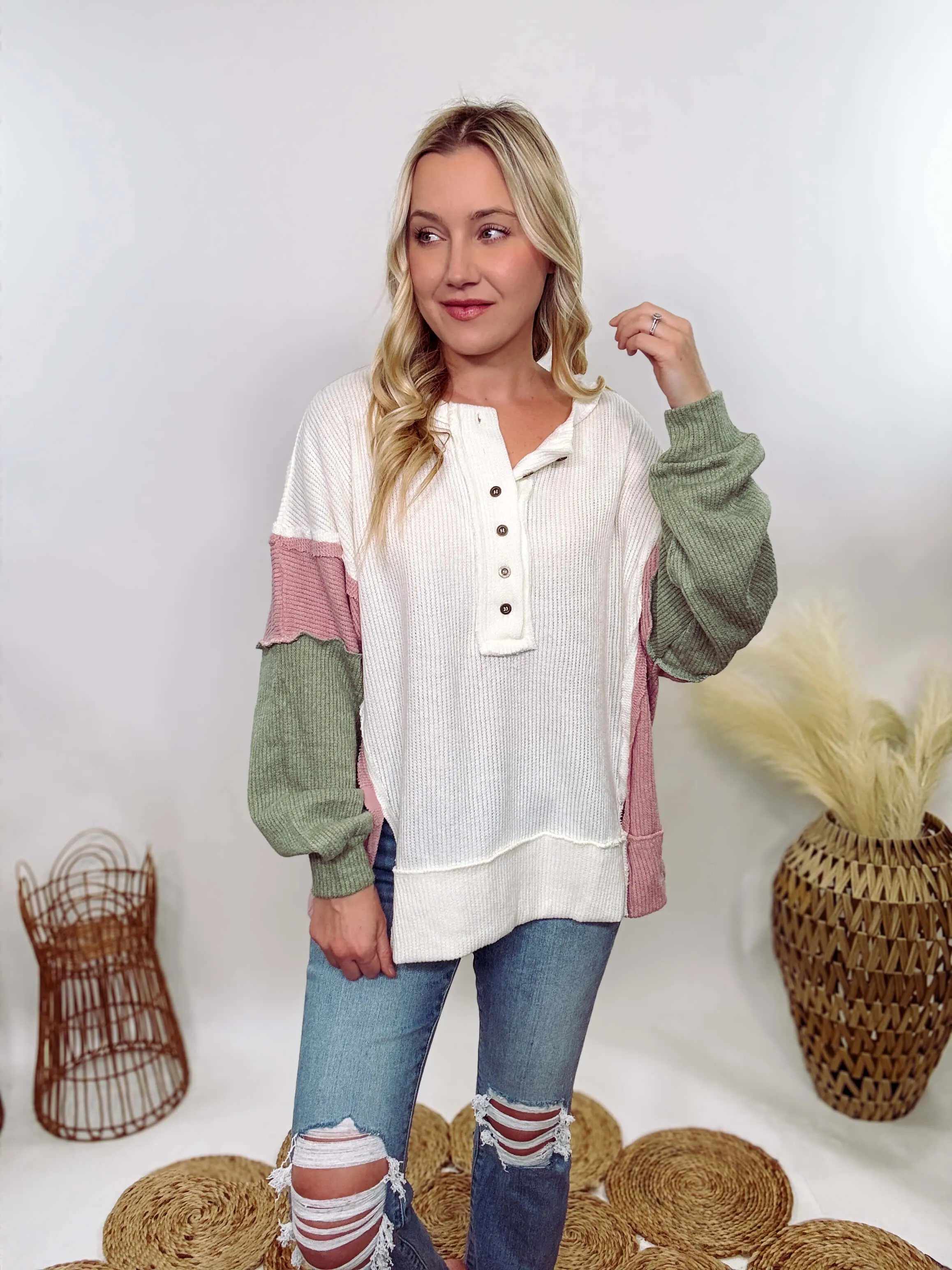 Cream, Mauve & Olive Henley Button Down Oversized Lightweight Sweater