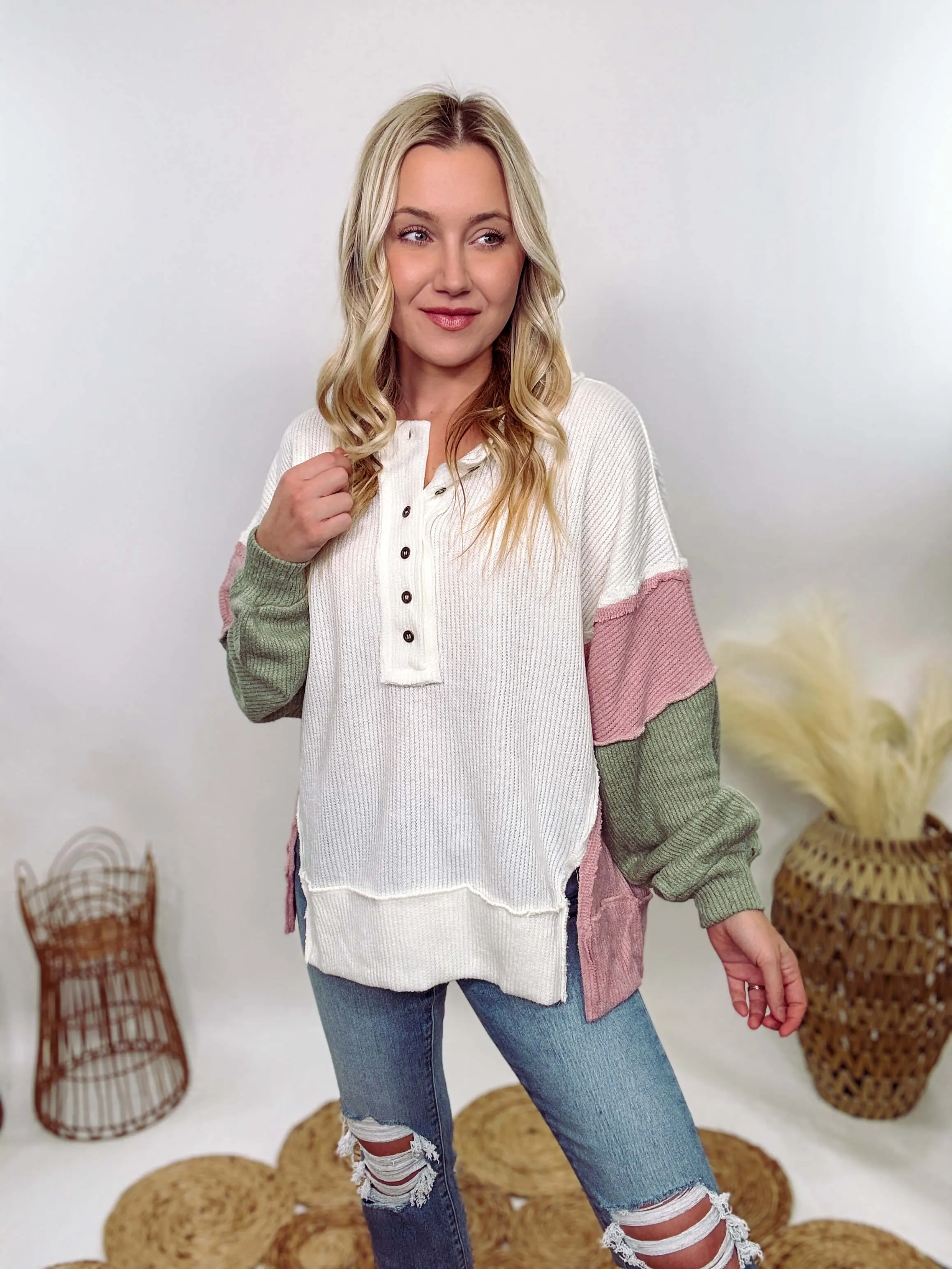 Cream, Mauve & Olive Henley Button Down Oversized Lightweight Sweater