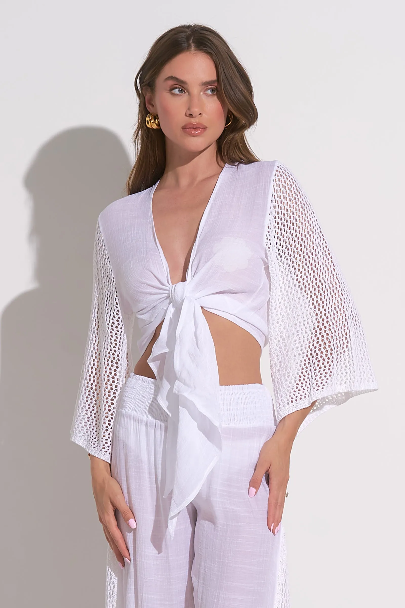 Cropped Tie-Front with Mesh Arms