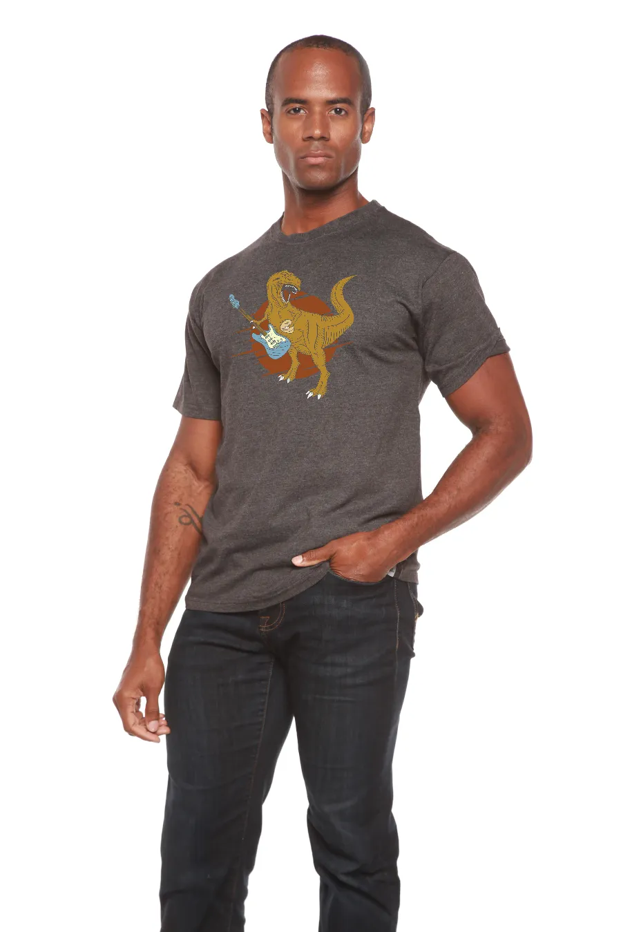Dinosaur with a guitar Men's Bamboo Viscose/Organic Cotton Short Sleeve Graphic T-Shirt