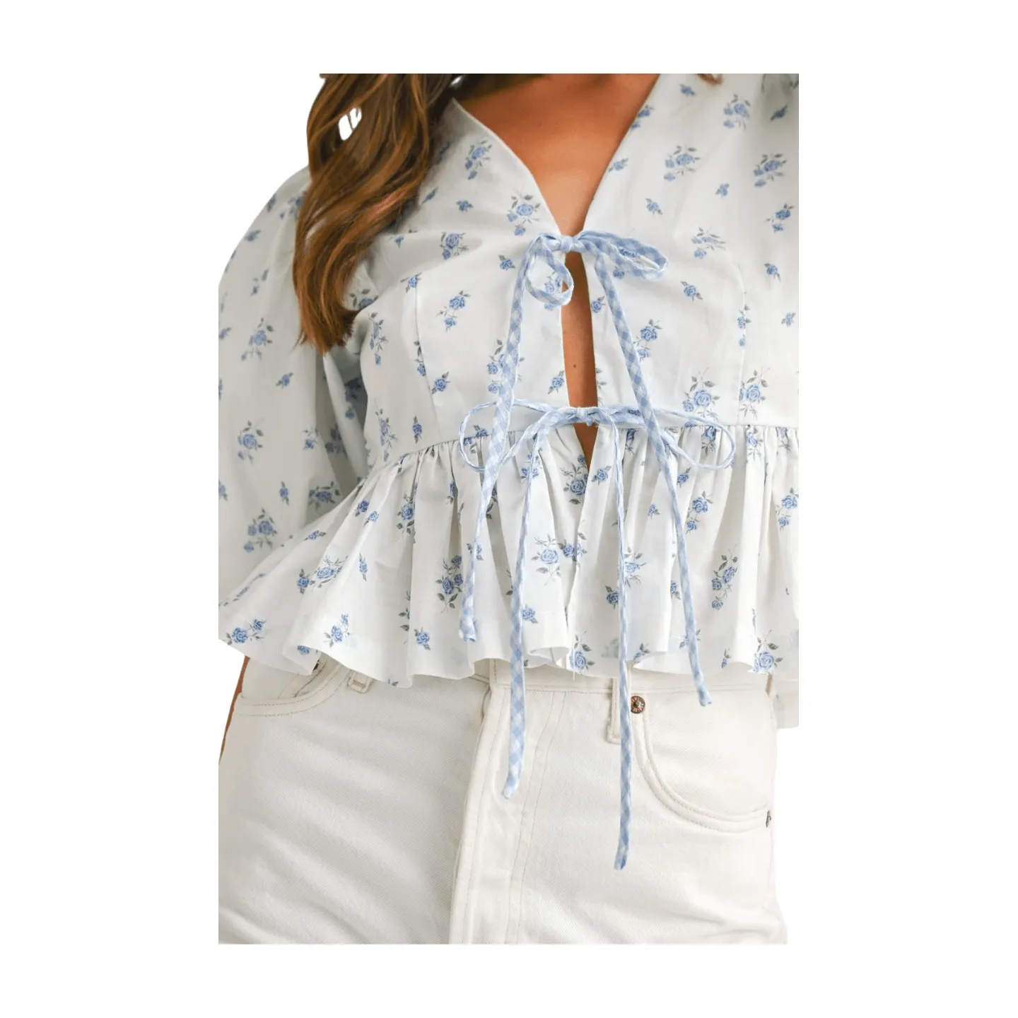 Ditzy Floral Bow Crop Top - Blue