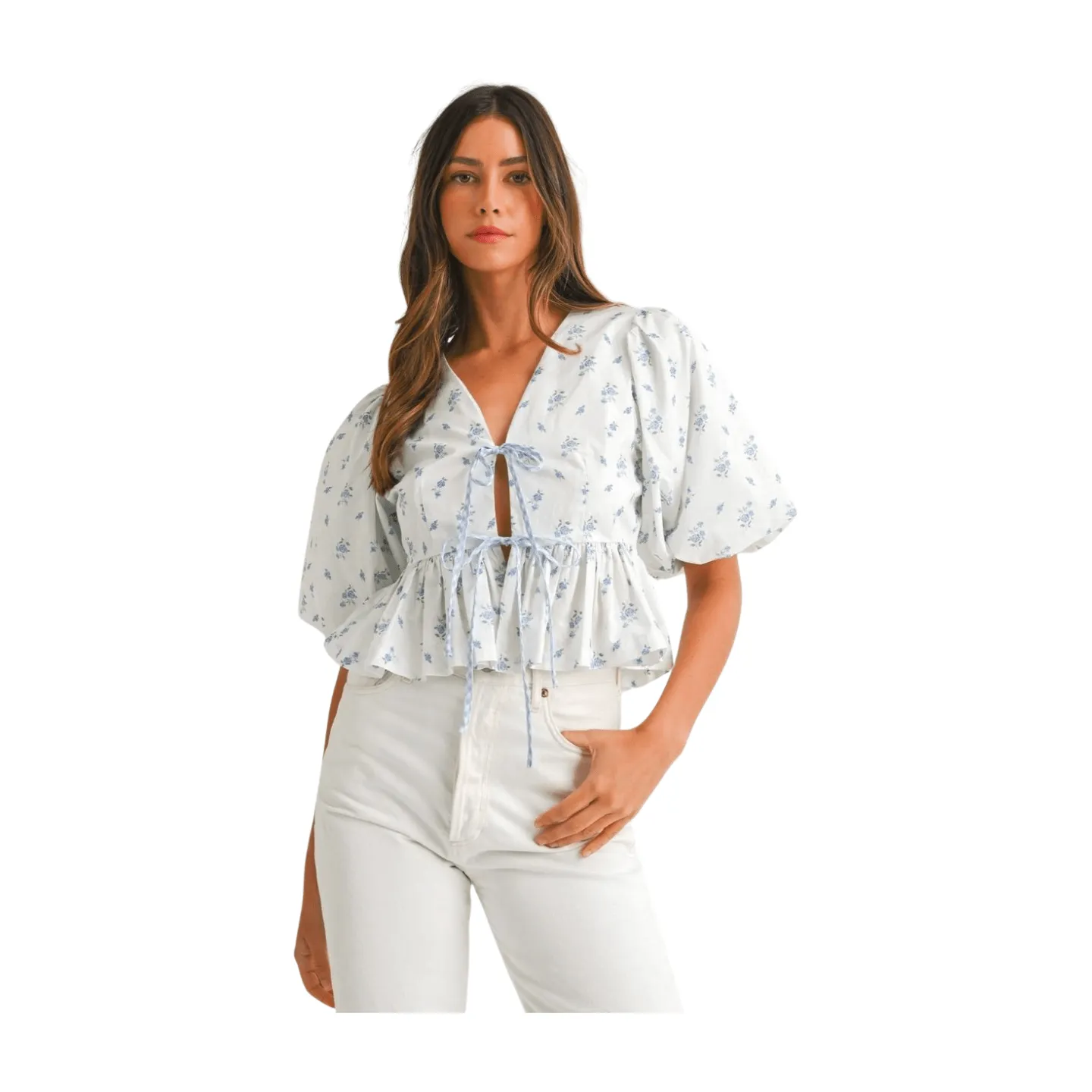 Ditzy Floral Bow Crop Top - Blue