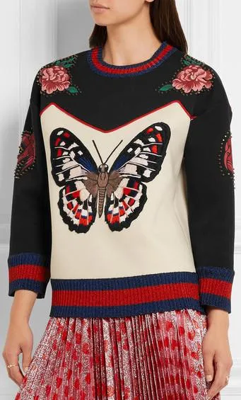 Embroidered Butterfly Bonded Cotton Jersey Studded Sweatshirt