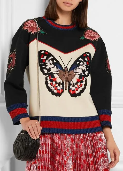 Embroidered Butterfly Bonded Cotton Jersey Studded Sweatshirt