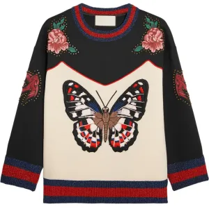 Embroidered Butterfly Bonded Cotton Jersey Studded Sweatshirt