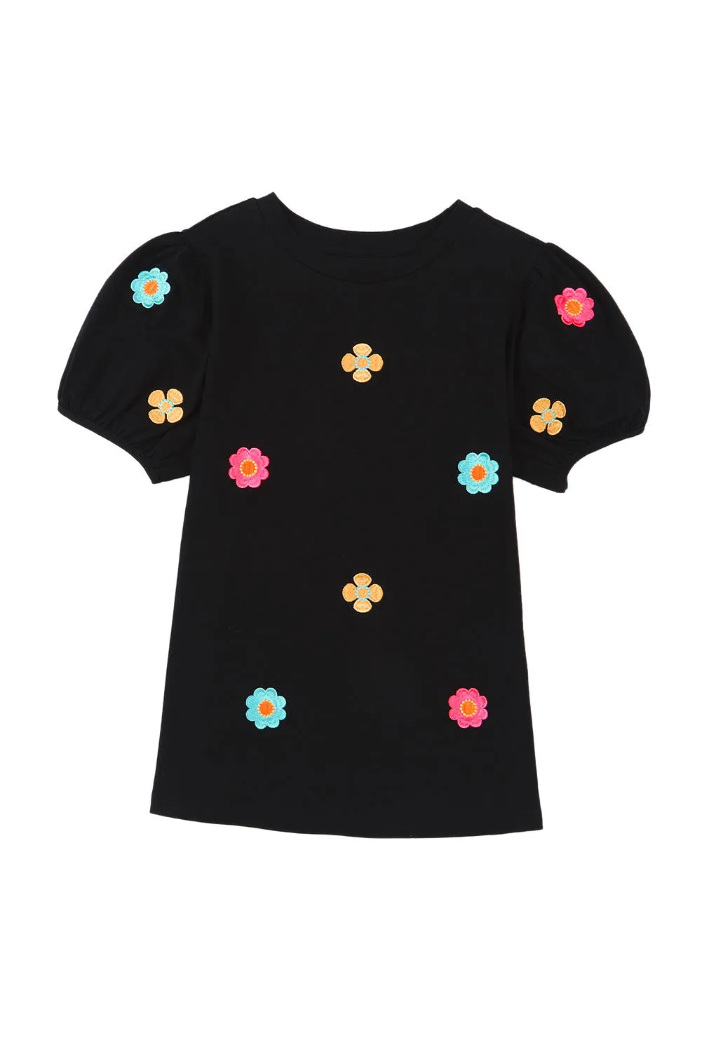Embroidered Flower Puff Sleeve Tee