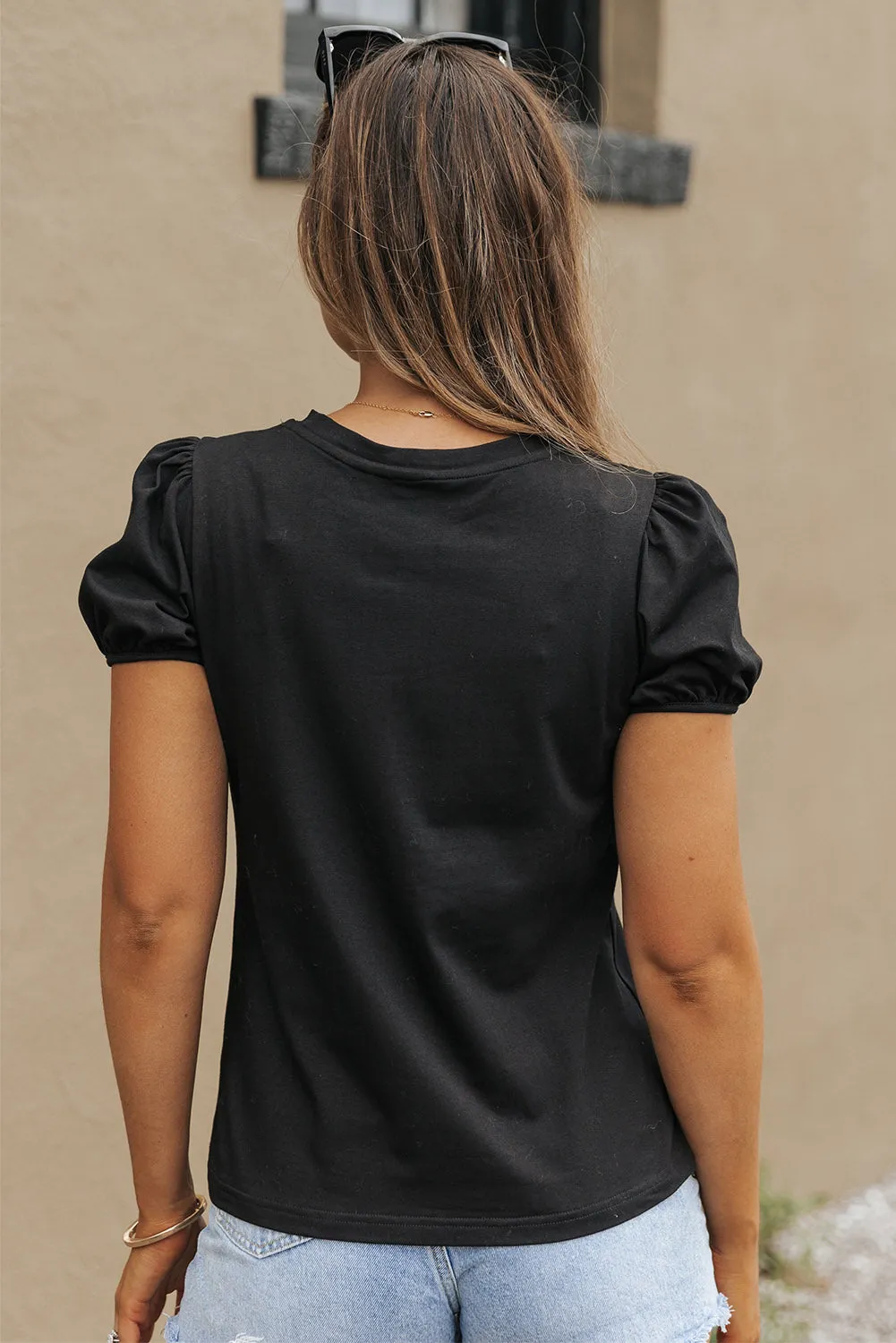 Embroidered Flower Puff Sleeve Tee