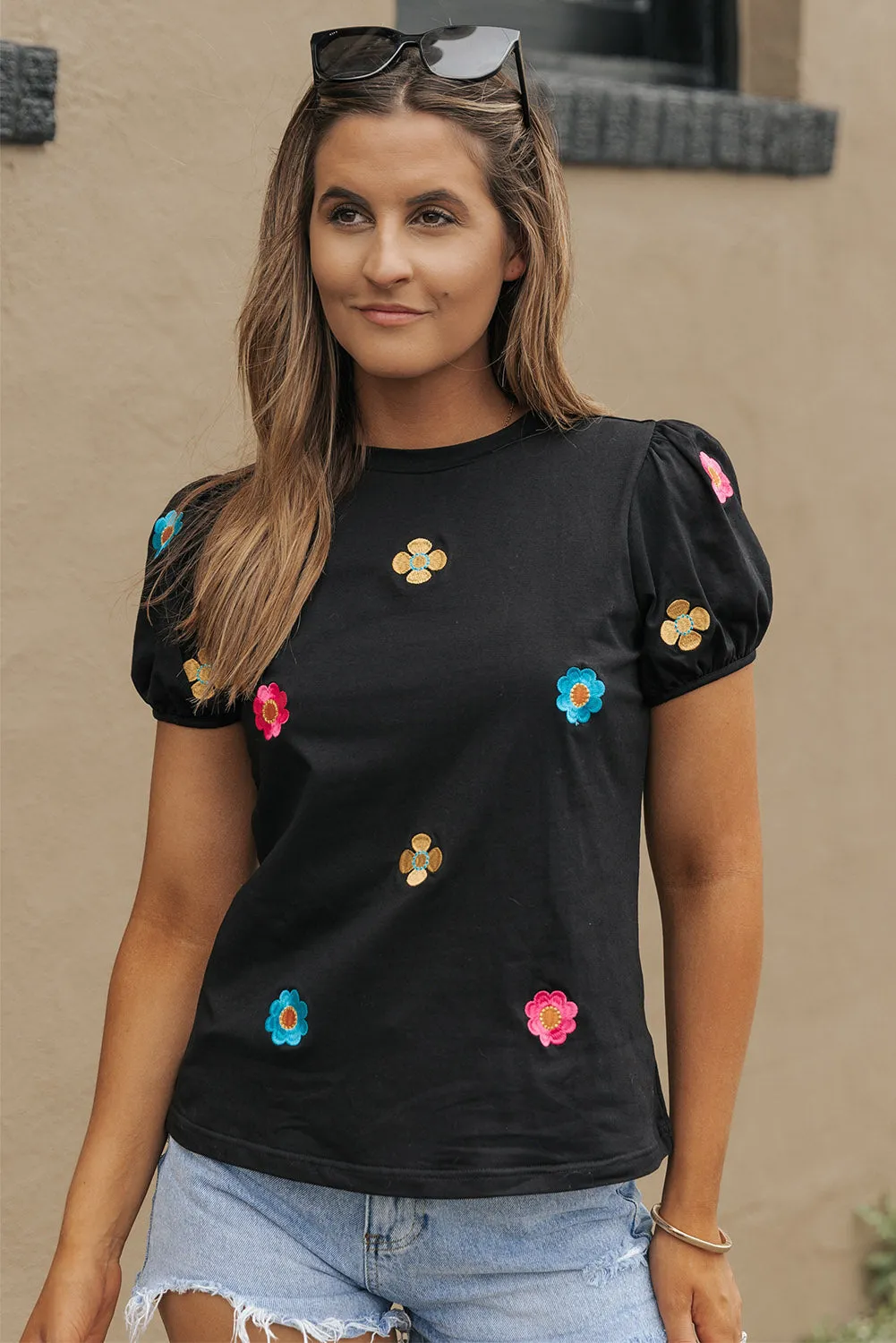 Embroidered Flower Puff Sleeve Tee