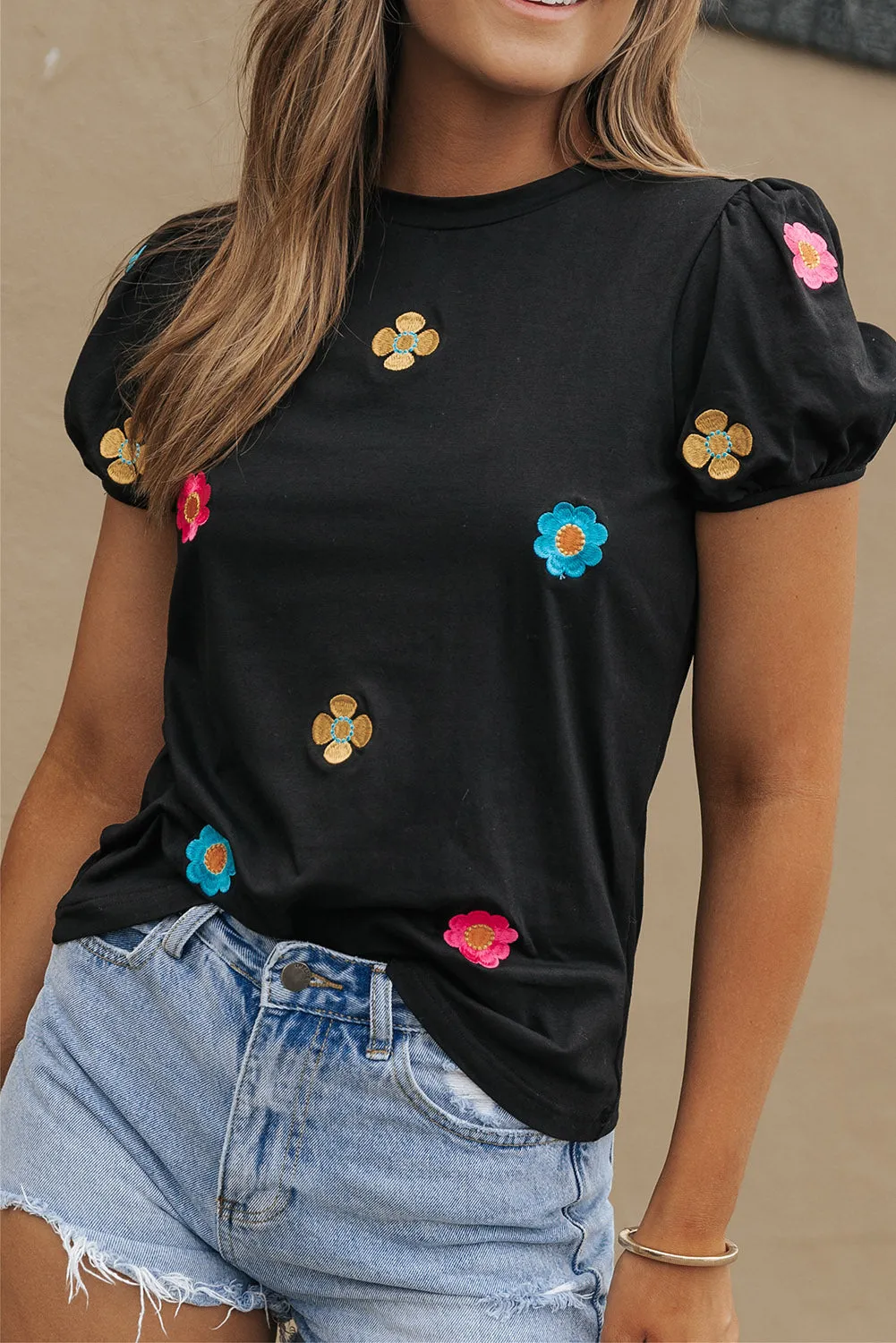 Embroidered Flower Puff Sleeve Tee