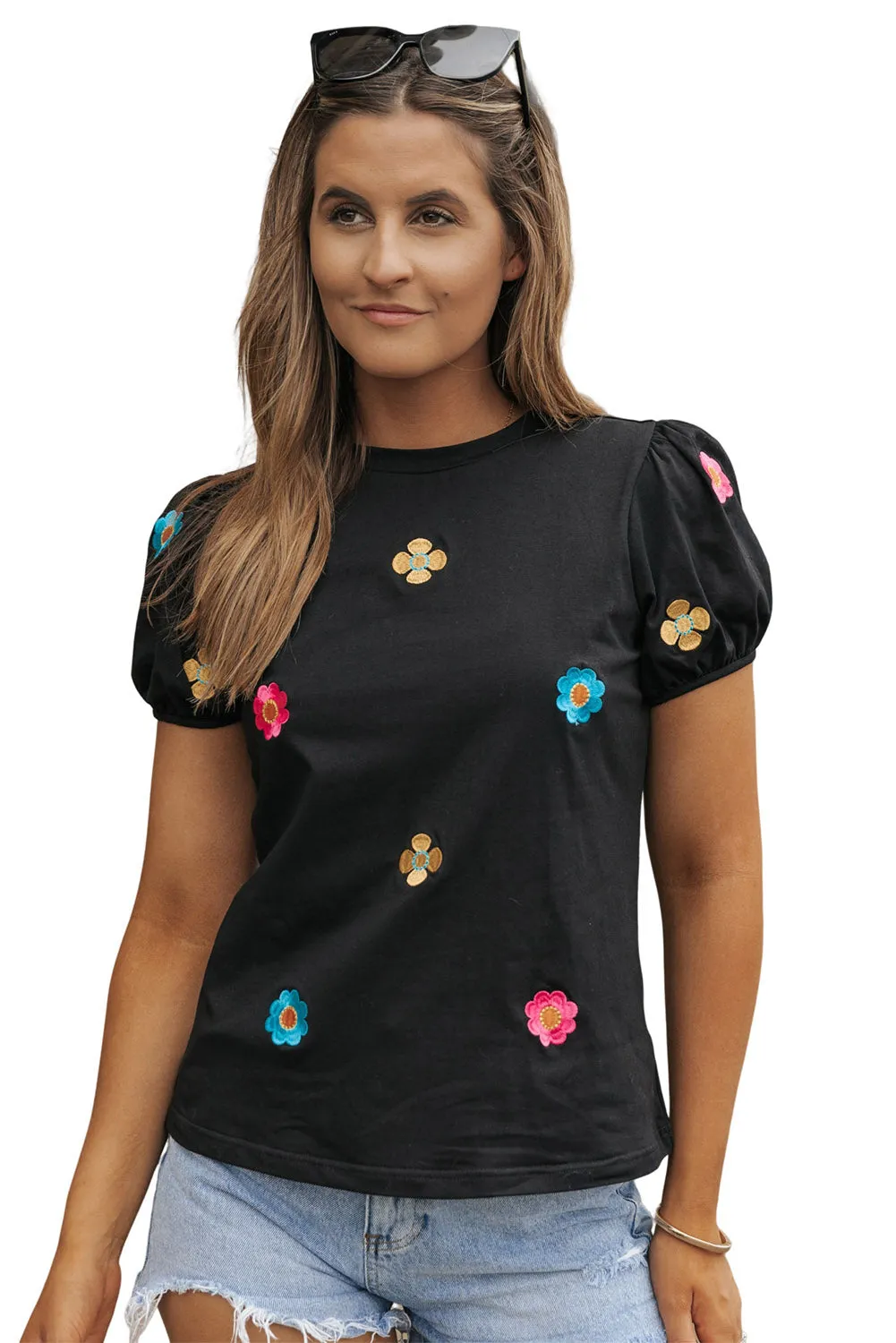 Embroidered Flower Puff Sleeve Tee