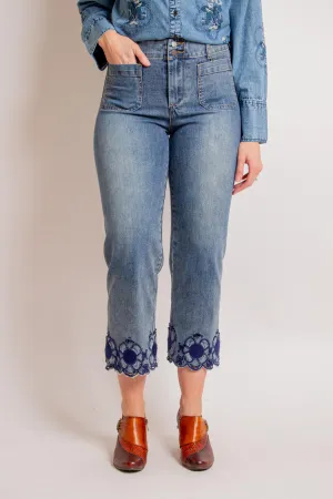Embroidered hem wide-leg crop jeans