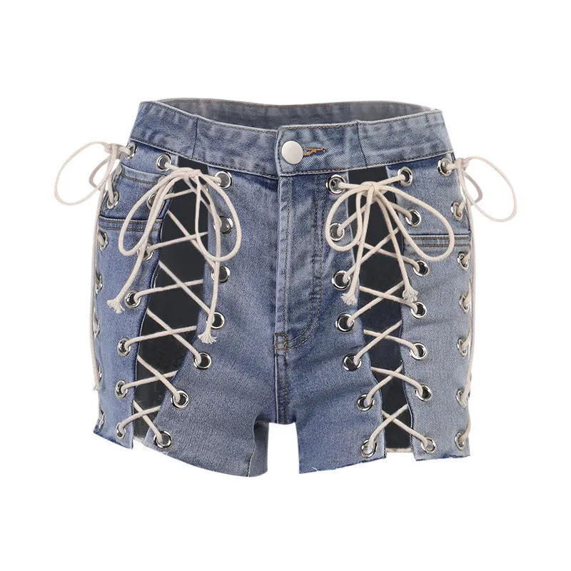 Eyelet Bandage Jeans Slim Shorts