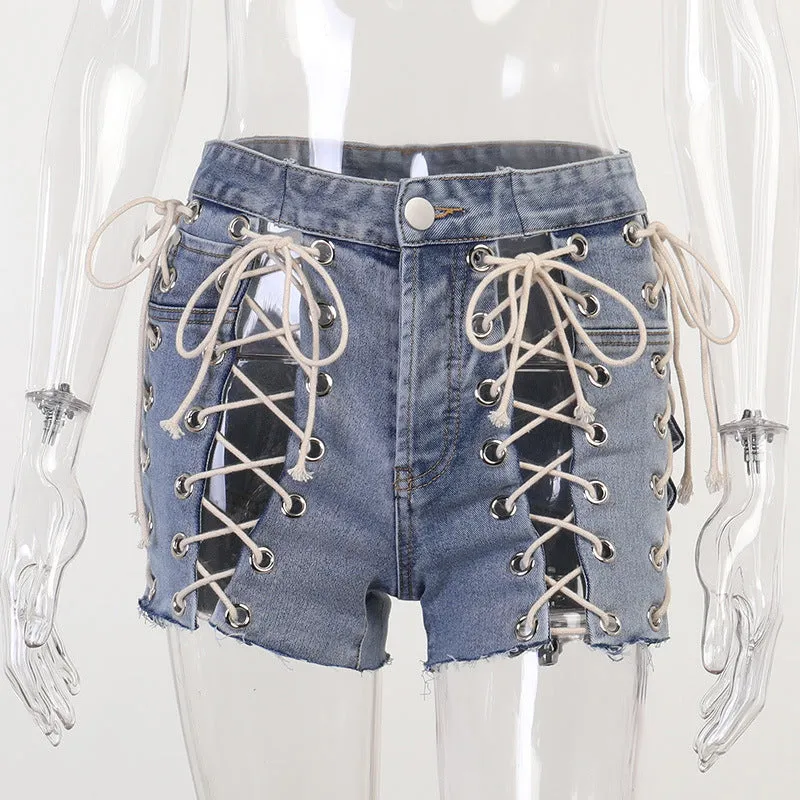 Eyelet Bandage Jeans Slim Shorts