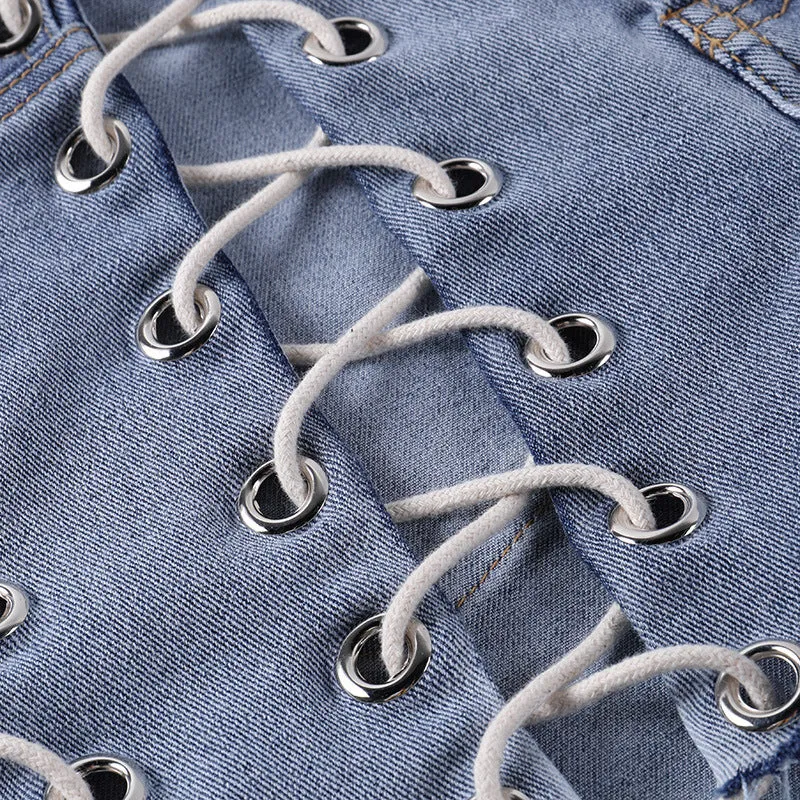 Eyelet Bandage Jeans Slim Shorts