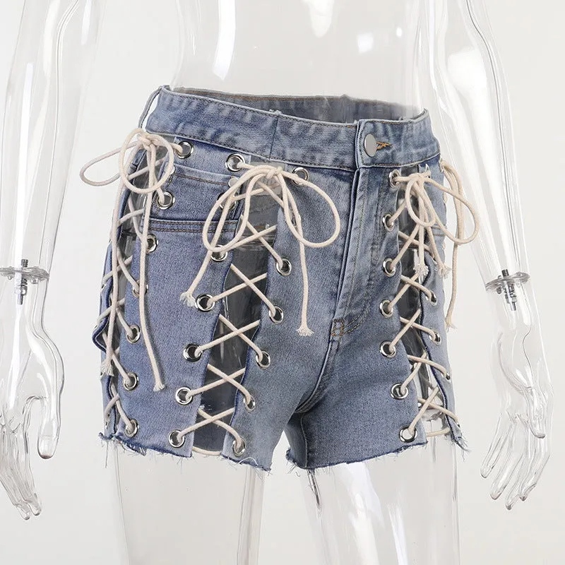 Eyelet Bandage Jeans Slim Shorts