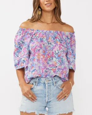 Floral Top with Short Sleeves - Light Blue/Plum