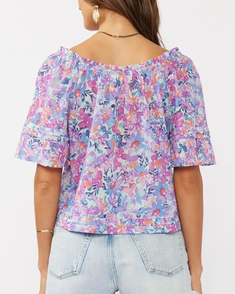Floral Top with Short Sleeves - Light Blue/Plum