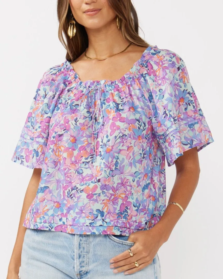 Floral Top with Short Sleeves - Light Blue/Plum